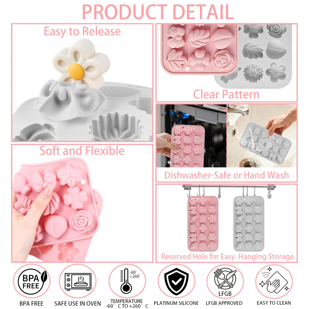 2PCS Silicone Flower Molds,Flower Chocolate Mold,Rose Leaf Tulip Daisy Bow Tie Candy Molds Silicone Gummy Jello Ice Cube Baking Soap Pudding Cookie Molds for Desserts Making,Cupcake Toppers,Cake Decor