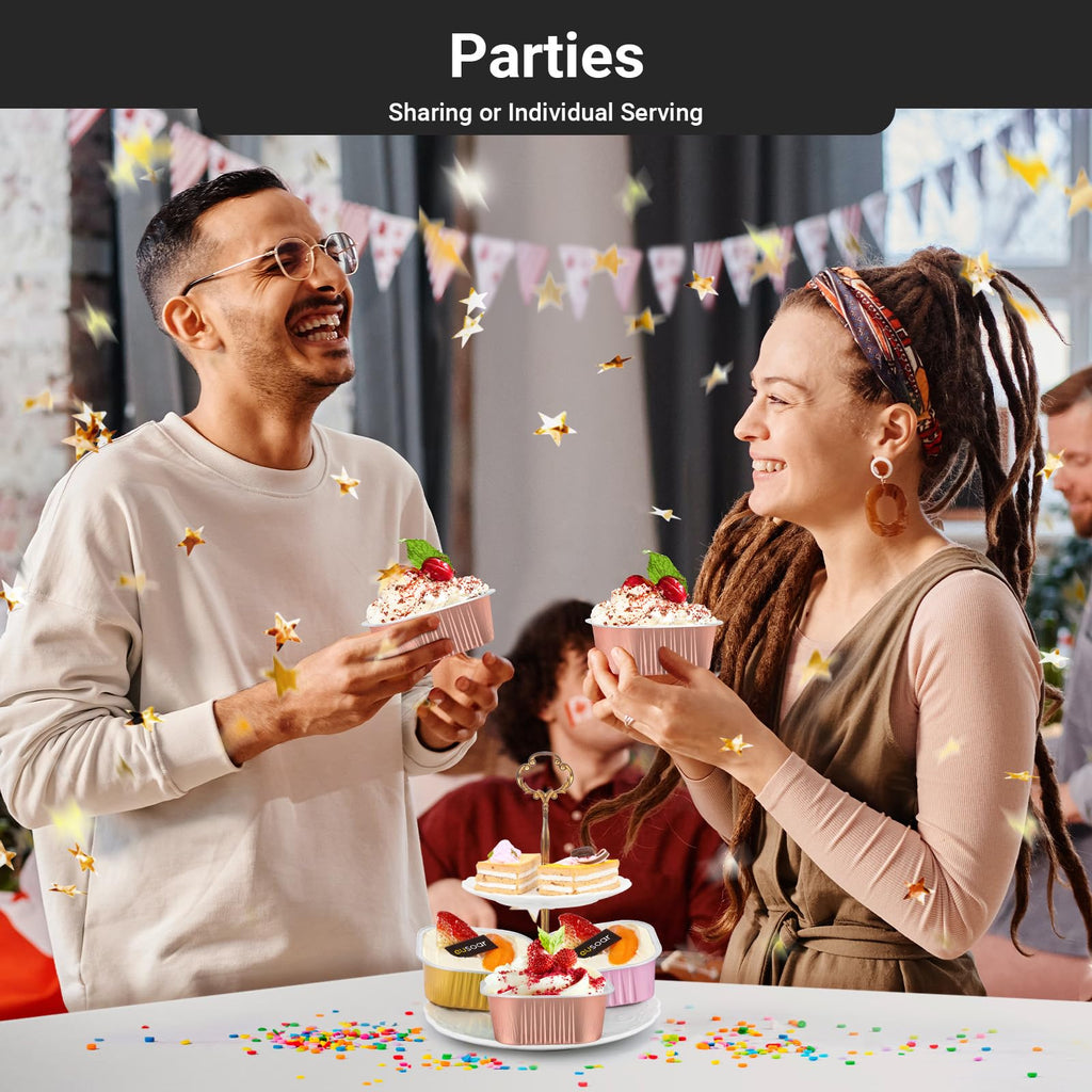 EUSOAR Disposable Ramekins, 50pcs 10oz Rose Gold Creme Brulee Ramekins Disposable Muffin Cups for Baking, Mini Cake Pans with Lids Loaf Bread Containers Cupcake Liners for Party Favor Birthday