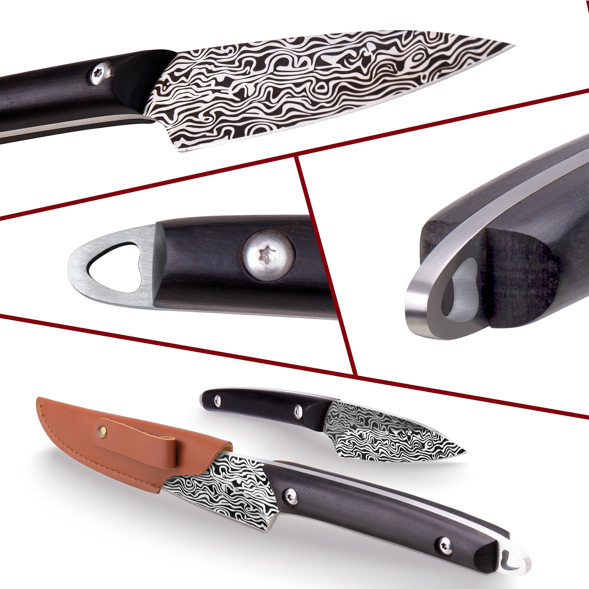 WILDMOK Fruit Knife Carving knives Stainless Steel 3.3 Inch Utility Knife Fruit and Vegetable Cutting Paring Kitchen Knife with Leather Case (B)
