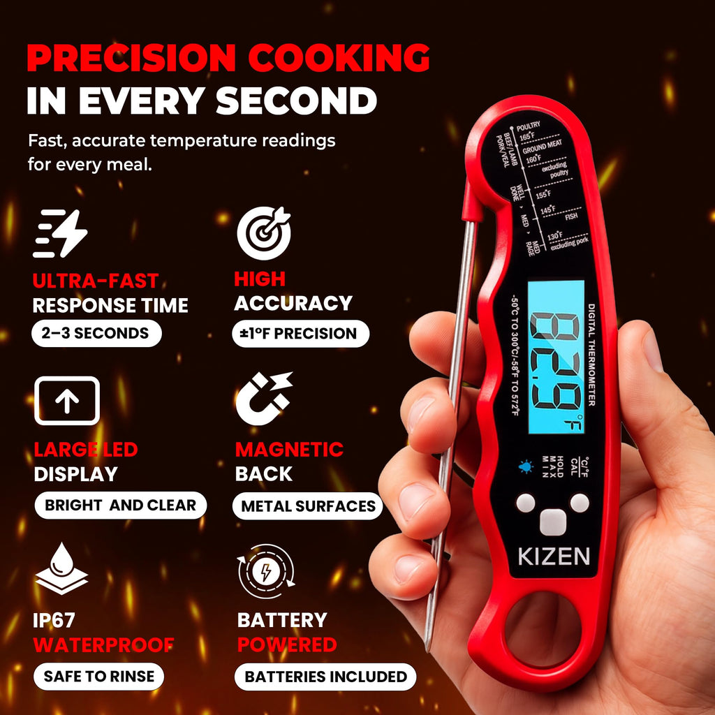 KIZEN Instant Read Meat Thermometer Digital - Food Thermometer for Cooking, Grill, Oven, BBQ - IP67 Rated Waterproof - Large Backlit Display and Magnetic Back
