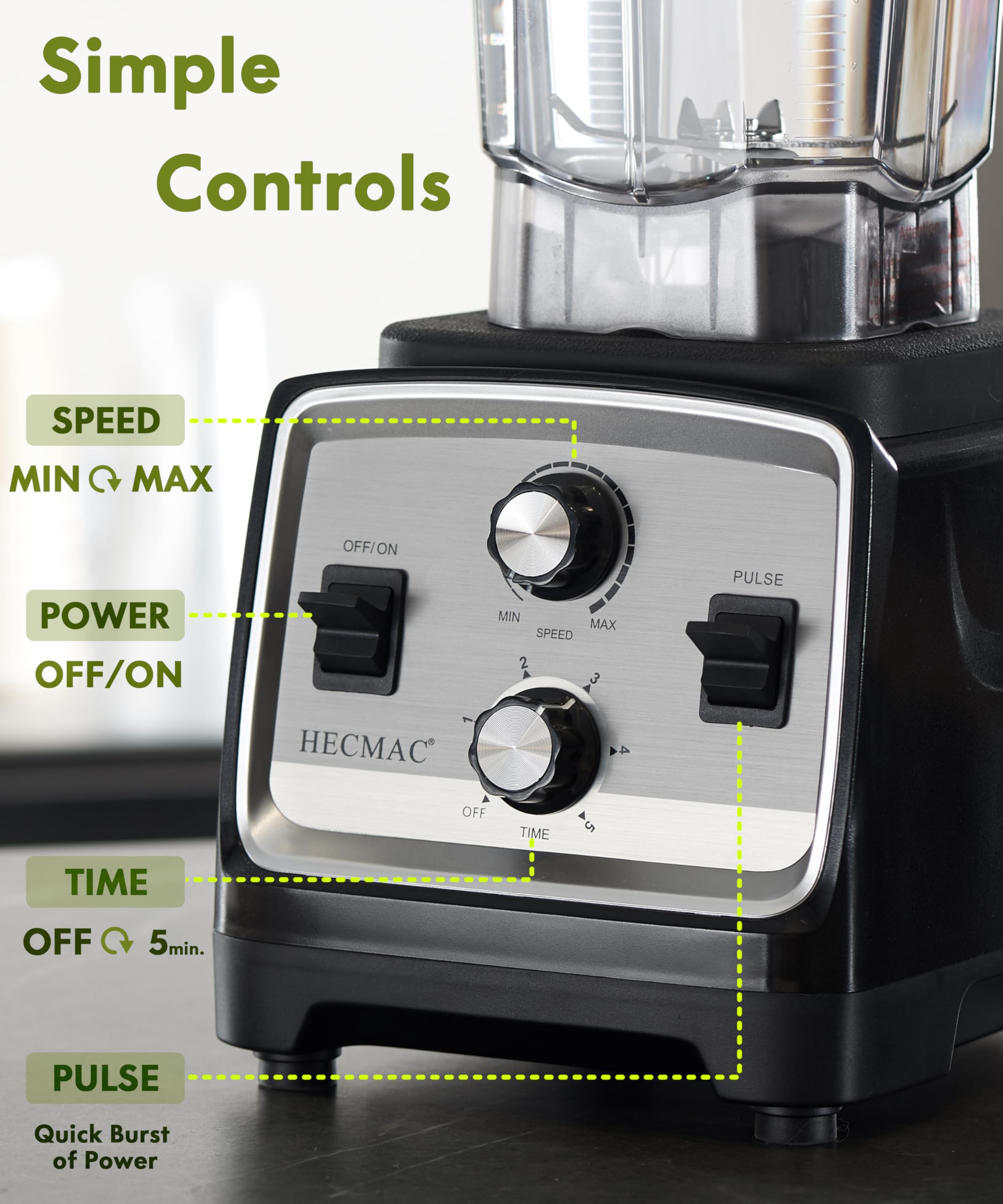 HECMAC 3-Peak HP Blender - 2200W Max/1400W Rated, 68oz BPA-Free Pitcher, Easy to Use, Self-Clean, Tamper - Smoothies, Ice Crush, Frozen Drinks, Food Prep - Home & Commercial, 110V