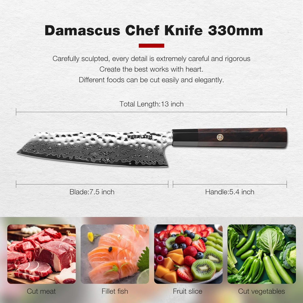 WEERLTEM Kiritsuke Chef Knife 8 Inch, Hand-forged 67-Layer VG10 High Carbon Steel Japanese Damascus Chef Knife, Ultra Sharp Hammered Damascus Chef Knife with Octagonal Ebony Handle & Gift Box