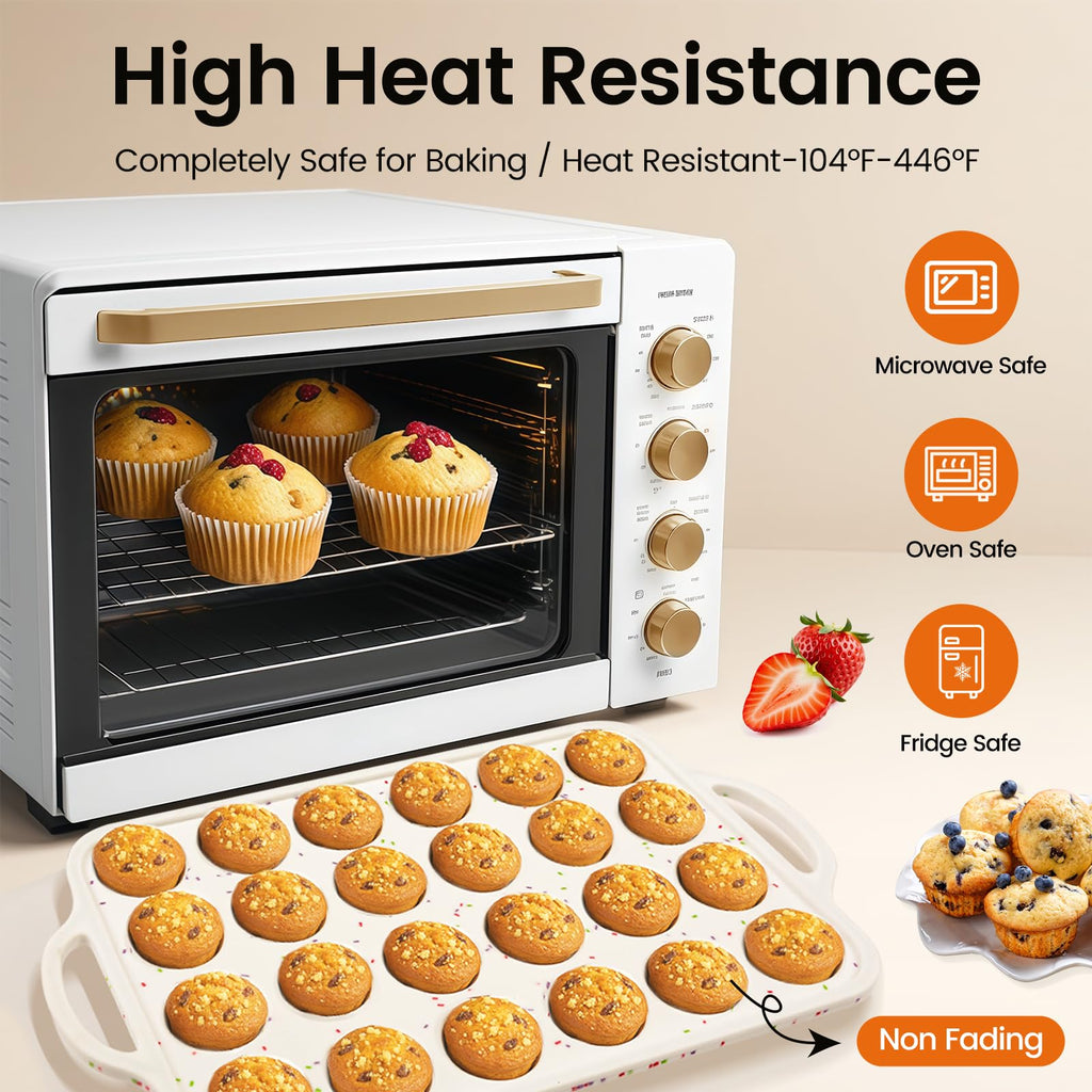 Fimary Silicone Mini Muffin Pan With Metal Reinforced Frame - 24 Cups Durable Silicone Cupcake Pan for Muffin, Cupcakes, BPA Free and Dishwasher Safe - 1 Piece Beige with Rainbow Spots