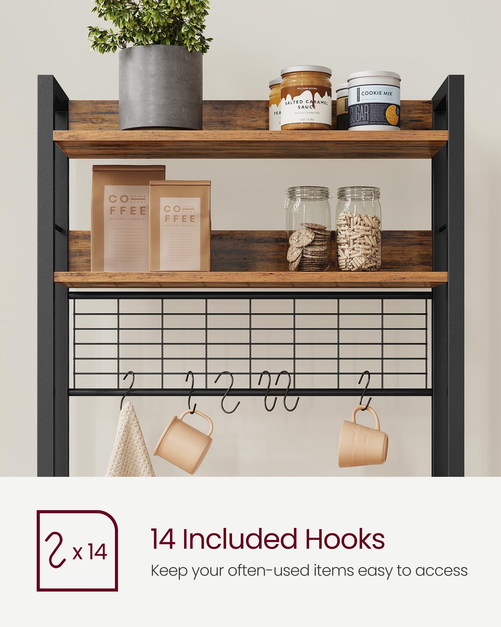 VASAGLE Bakers Rack with Power Outlet, Microwave Stand, Kitchen Tall Utility Storage Shelf, with Metal Wire Panel, 14 Hooks, 15.7 x 23.6 x 66.9 Inches, Rustic Brown and Ink Black UKKS037B01