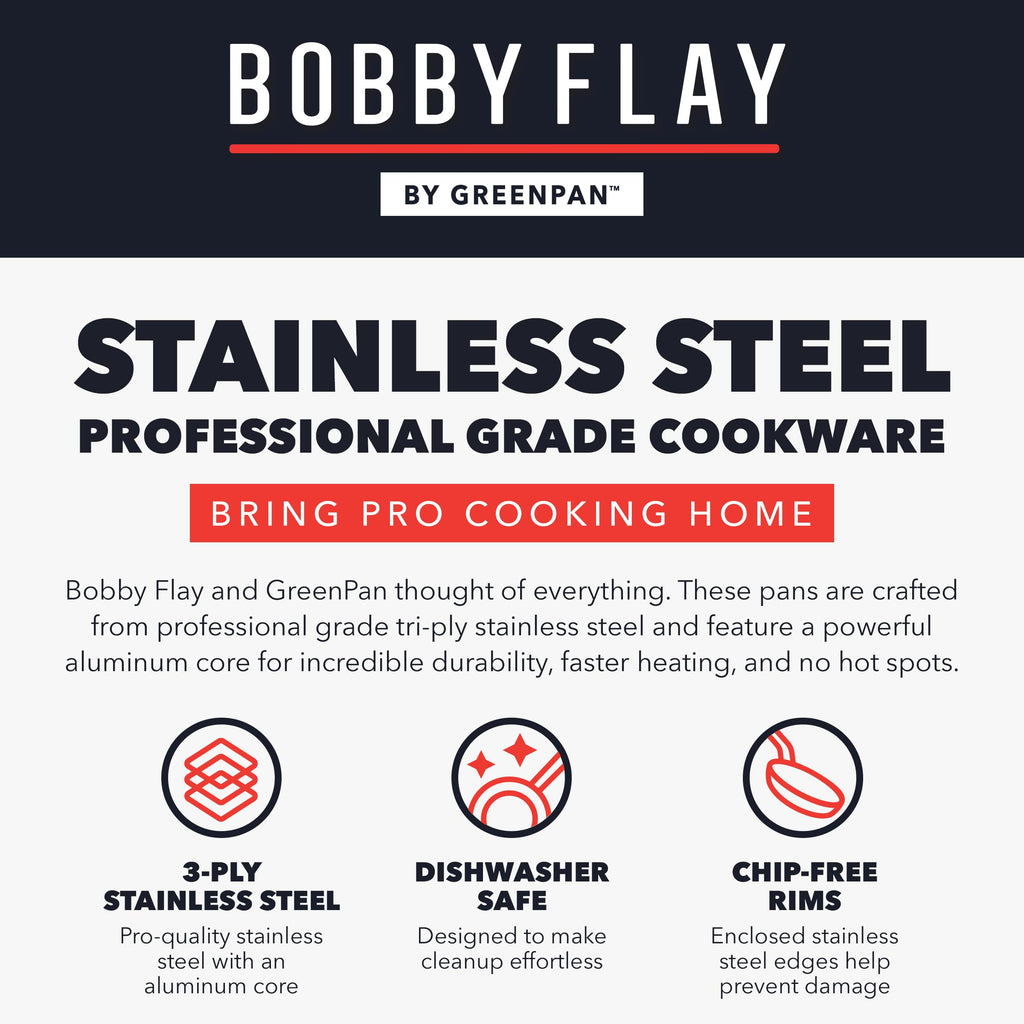 GreenPan x Bobby Flay Stainless Steel 12 Piece Cookware Pots & Pans Set, Professional Grade Tri-Ply, Multiclad, PFAS-Free Ceramic Nonstick, Induction Suitable, Dishwasher & Oven Safe,Stay Cool Handles