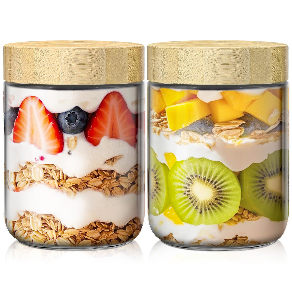 16 oz Overnight Oats Containers with Bamboo Lids, Glass Mason Jars 2 Pack