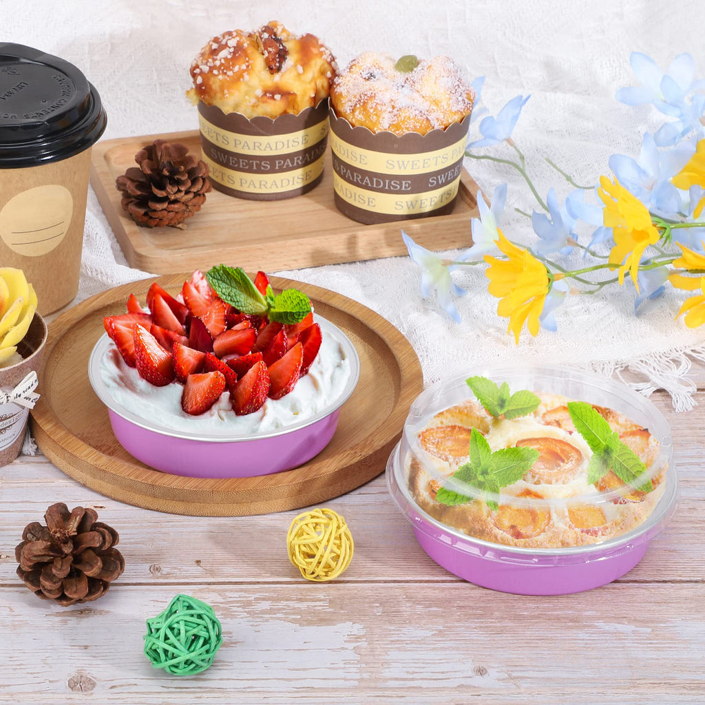 Beasea Disposable Mini Pans with Lids, 100 Pack 4” 8oz Light Pink Aluminum Baking Foil Tins Round Small Tart Container for Individual Cupcake Dessert Muffin Ramekin Cheesecake Quiche Oven Dishes