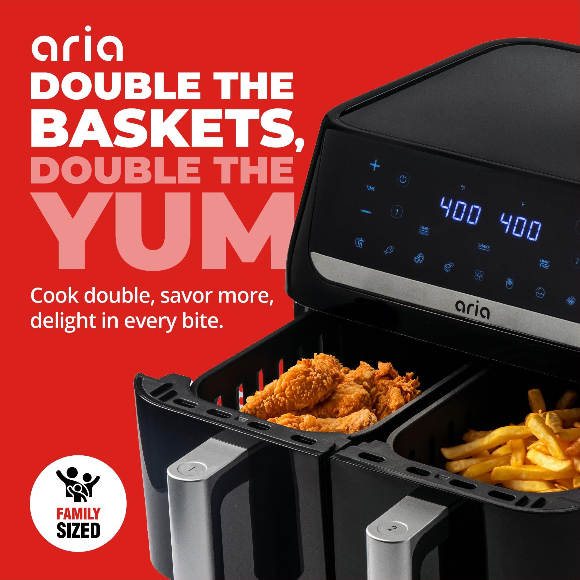 Aria 10 Qt Dual Air Fryer with 2 Baskets, Smart Sync Dual Air Fryers, Easy Clean Dishwasher Safe Double Basket, Large Sized for Family Meals, XL Touchscreen Display, 8 Meal Presets, Black