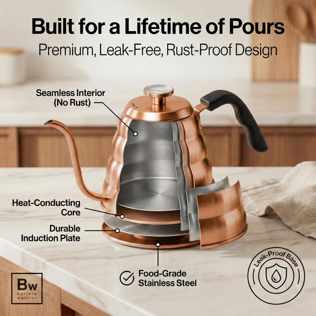 Barista Warrior Gooseneck Kettle with Thermometer - 1.2L Pour Over Coffee & Tea Kettle, Copper Coated Stainless Steel Gooseneck Kettle Pot, Precision Pour Drip Spout, Suitable for All-Stoves (40 floz)