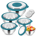 Herogo 5-Piece Mixing Bowls with Airtight Clear Lids, 3 Grater Attachments, Stainless Steel Large Bowls of 5 for Kitchen, Size 4.6, 3.5, 2.5, 2, 1.5QT Ideal for Mixing and Serving, Blue