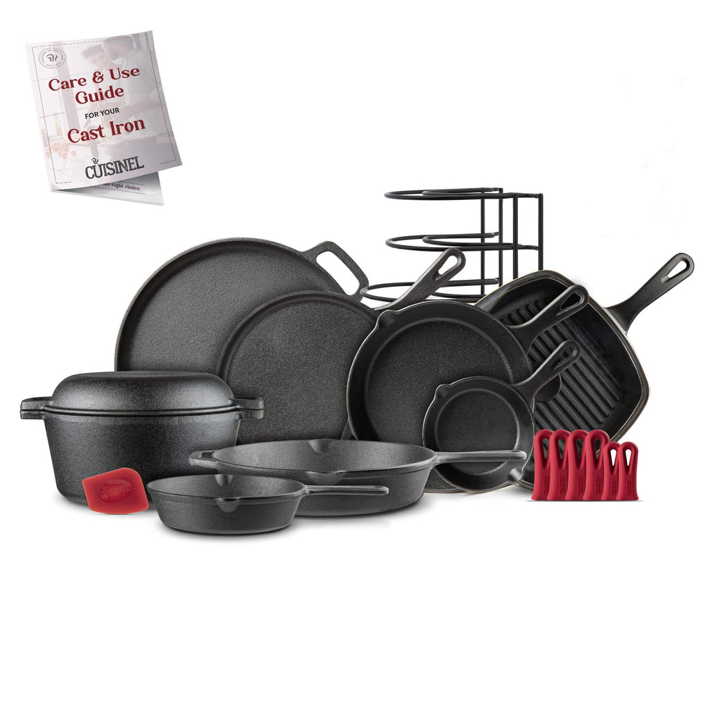 Cast Iron Cookware 18-Piece Set - Pre-Seasoned 6" + 8" + 10" + 12" Skillet + Grill Pan+Lid + Griddle + Pizza Pan + Dutch Oven+Cover/Pan + Panrack + Silicone Handle Cover + Pan Scraper/Cleaner
