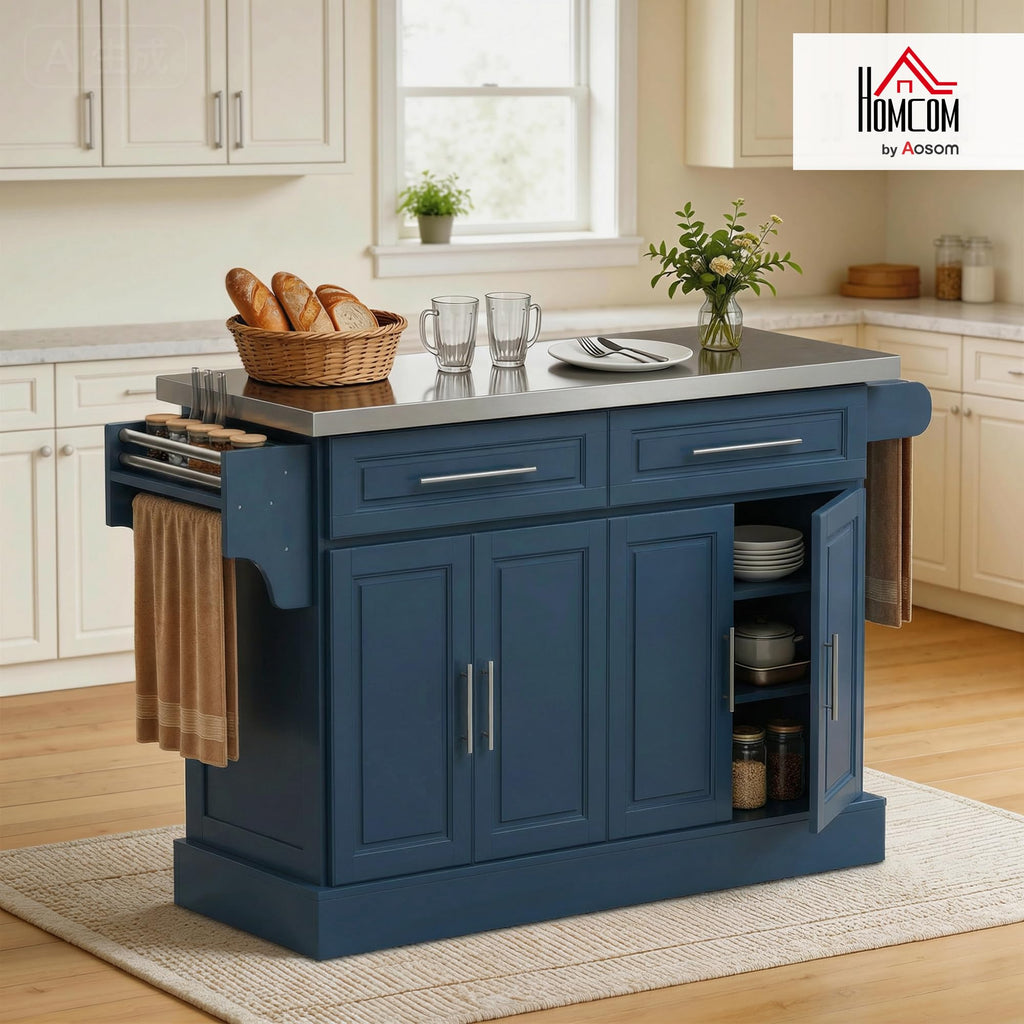 HOMCOM Rolling Kitchen Island Cart with 47" Stainless Steel Top Navy Blue