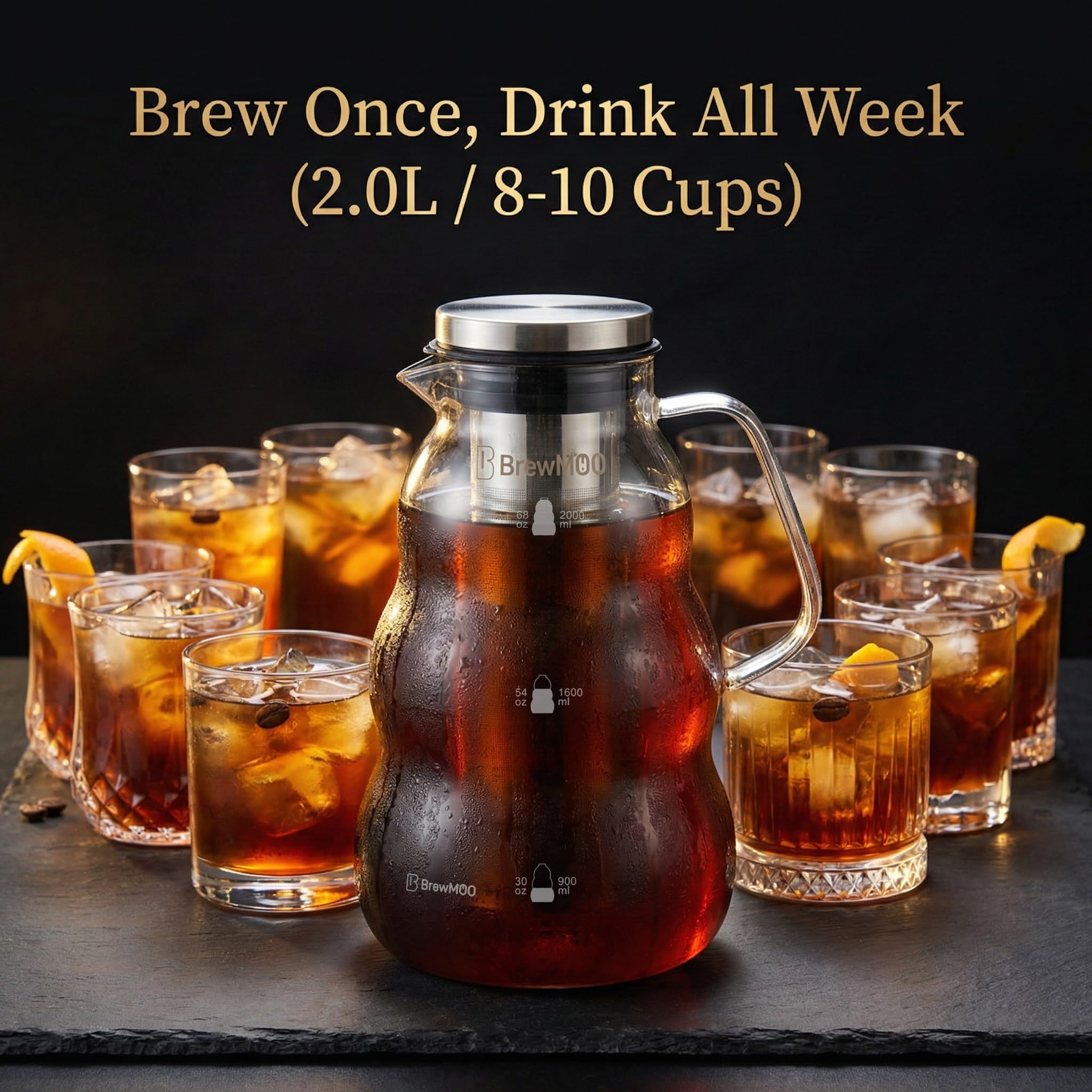 BrewMOO- Cold Brew Coffee Maker (2.0L/68Oz), Sleek Wave Borosilicate Glass Pitcher with Stainless Steel Filter, Airtight Lid + Wide Spout + Comfort Handle, Effortless Manual, Sophisticated Gift