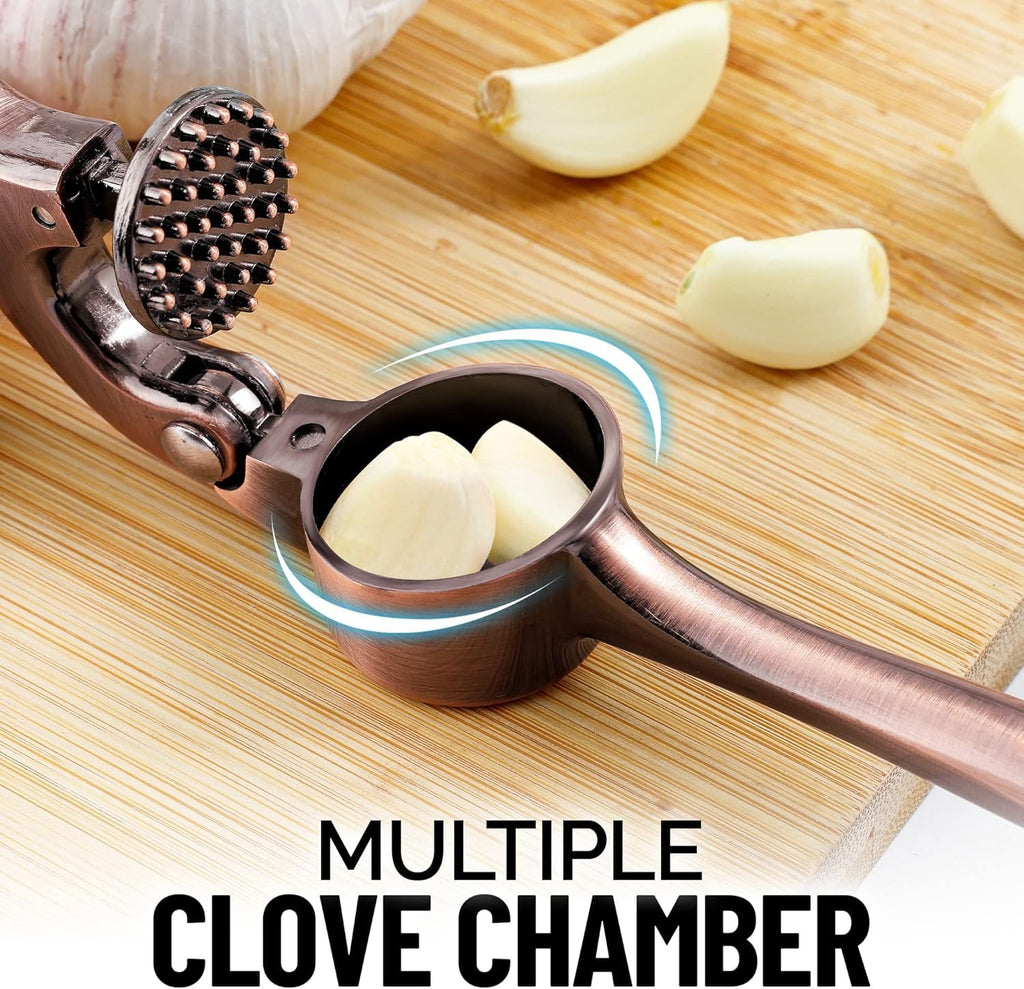 Premium Garlic Press Stainless Steel - Elevate Your Culinary Experience with Our Premium Garlic Mincer, Crusher & Peeler Set, Dishwasher Safe & Rust-proof (Bronze)