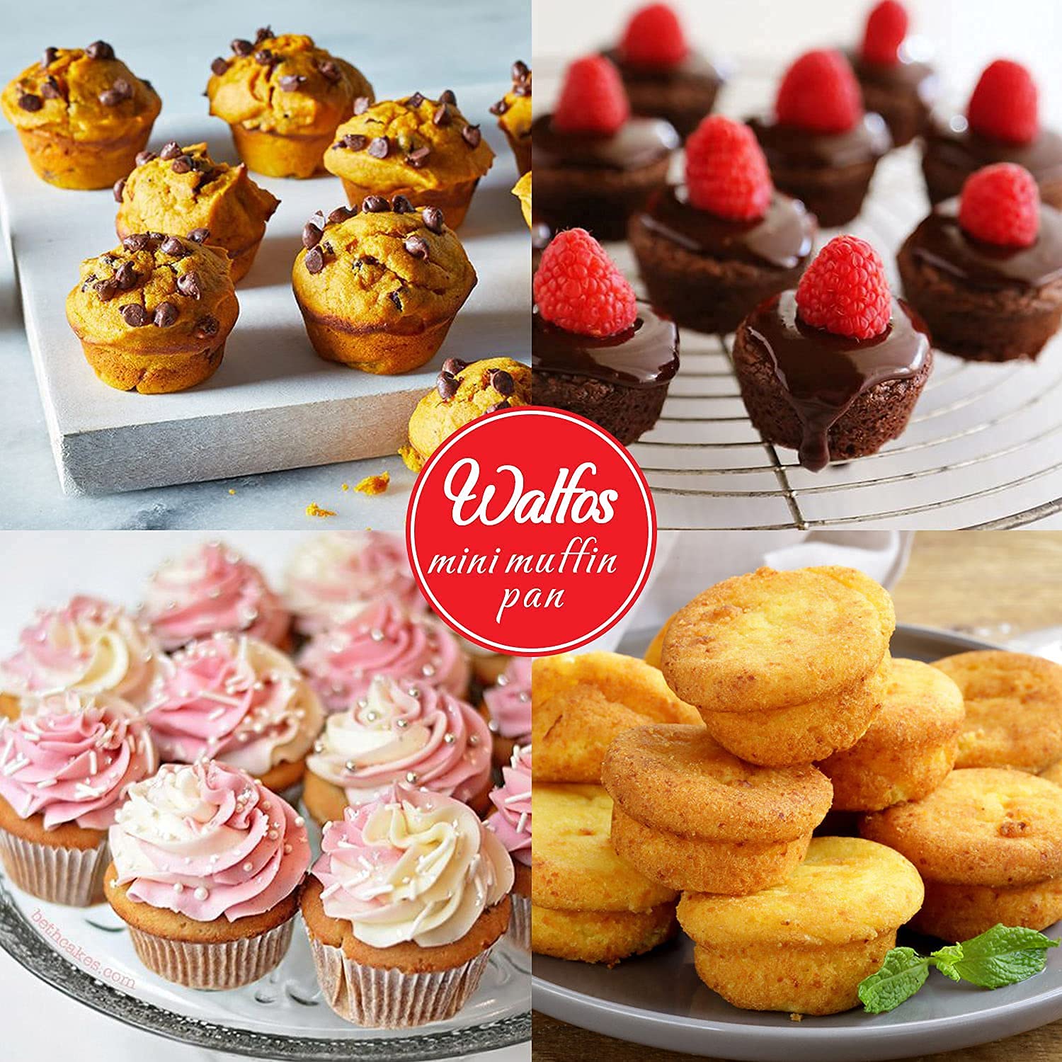 Walfos Silicone Muffin Pan Set of 3, Including Regular 12 Cups Muffin Pans, 24 Cups Mini Muffin Pan & 6 Cups Muffin Top Pan, Non-Stick Cupcake Pan, Easy to Pop Out & Dishwasher Safe