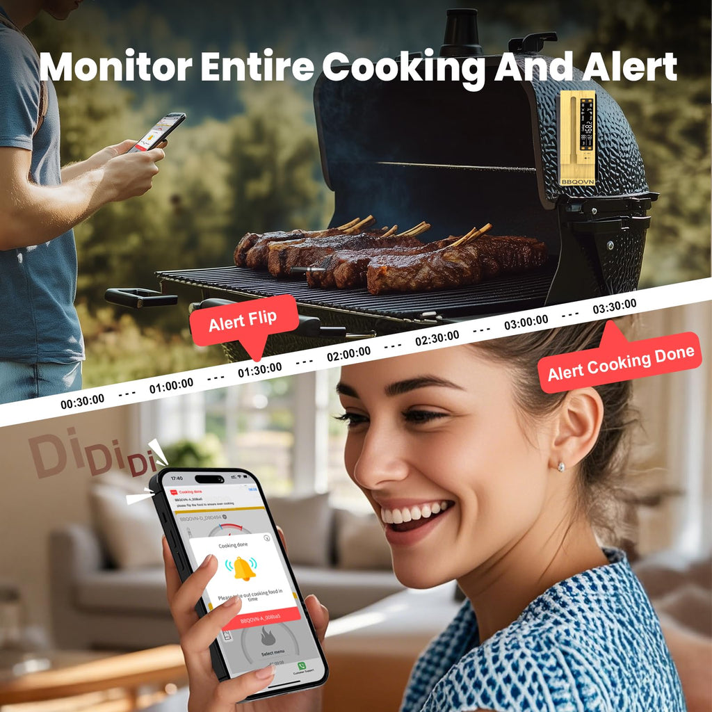 BBQOVN WiFi Sub-1G Wireless Meat Thermometer Unlimited Range 7 NIST Certified Sensors with Ambient Temp 2 Temp Monitoring Ways Digital Smart Base and App for BBQ, Smoker, Grill, Oven (Single Probe)