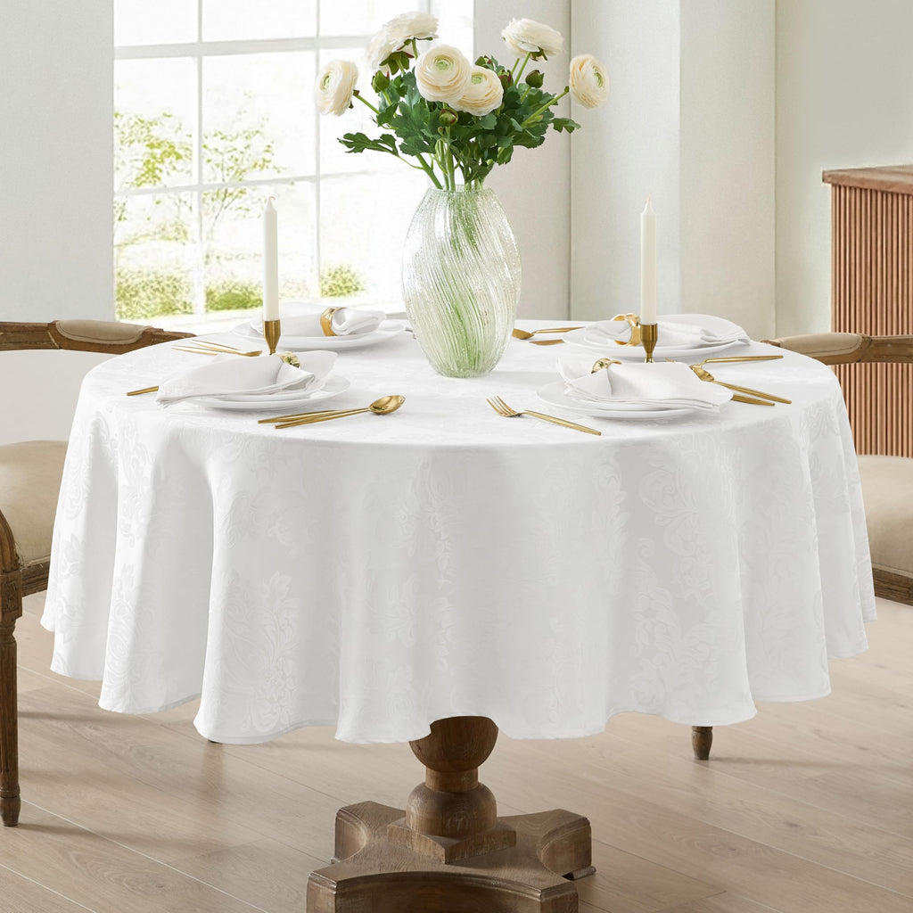 Newbridge Barcelona Luxury Damask Fabric Tablecloth, 70” Round, White, 100% Polyester, No Iron, Soil Resistant Dining Room, Party and Banquet Table Cover