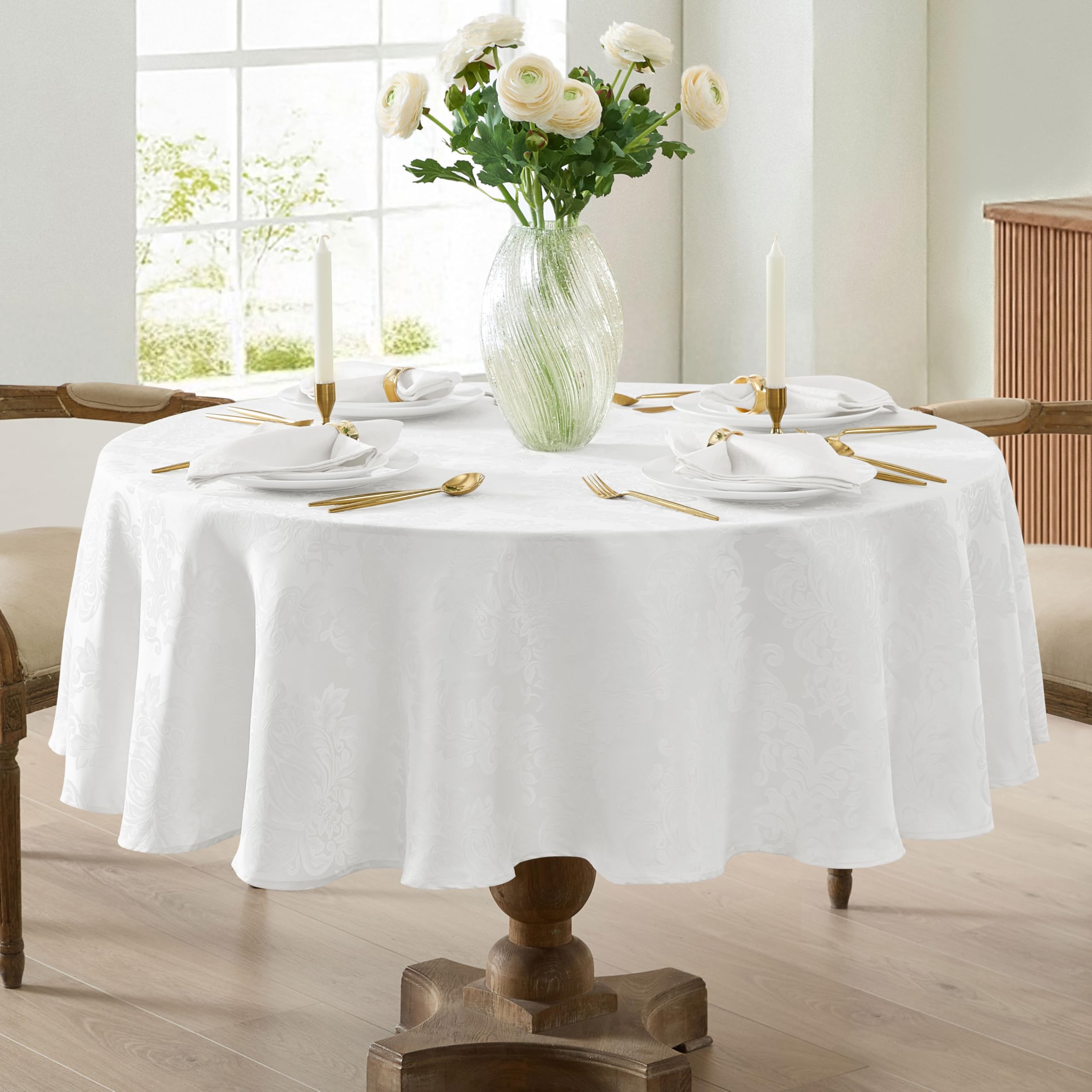 Newbridge Barcelona Luxury Damask Fabric Tablecloth, 70” Round, White, 100% Polyester, No Iron, Soil Resistant Dining Room, Party and Banquet Table Cover