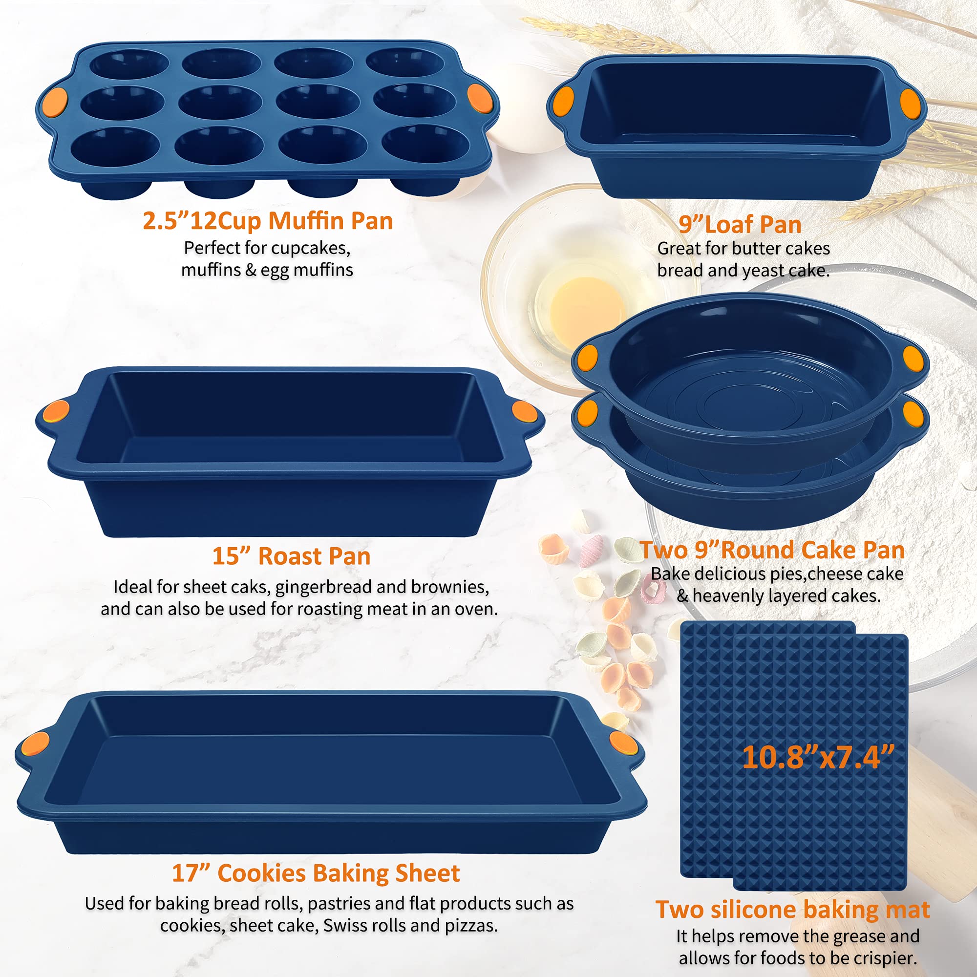 To encounter 8 in 1 Silicone Baking Set - 6 Cake Molds - 2 Silicone Baking Mat, Nonstick Cookie Sheet, Cake Muffin Bread Pan with Grips and Metal Reinforced Frame More Strength, Navy Blue