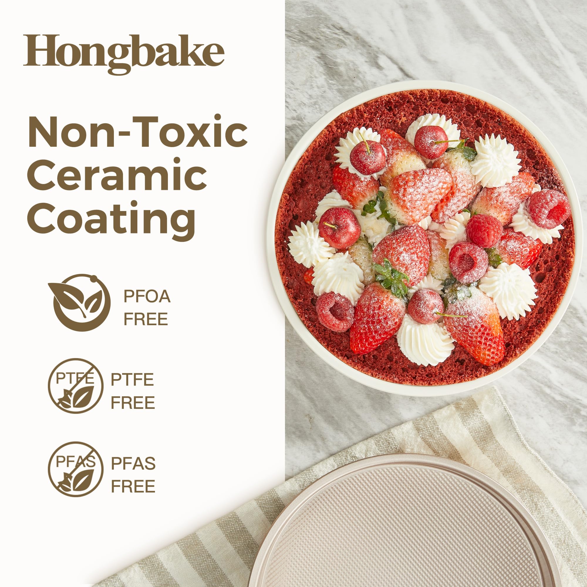 HONGBAKE Ceramic Nonstick 9” Round Cake Pans, Heavy-Duty Aluminized Steel