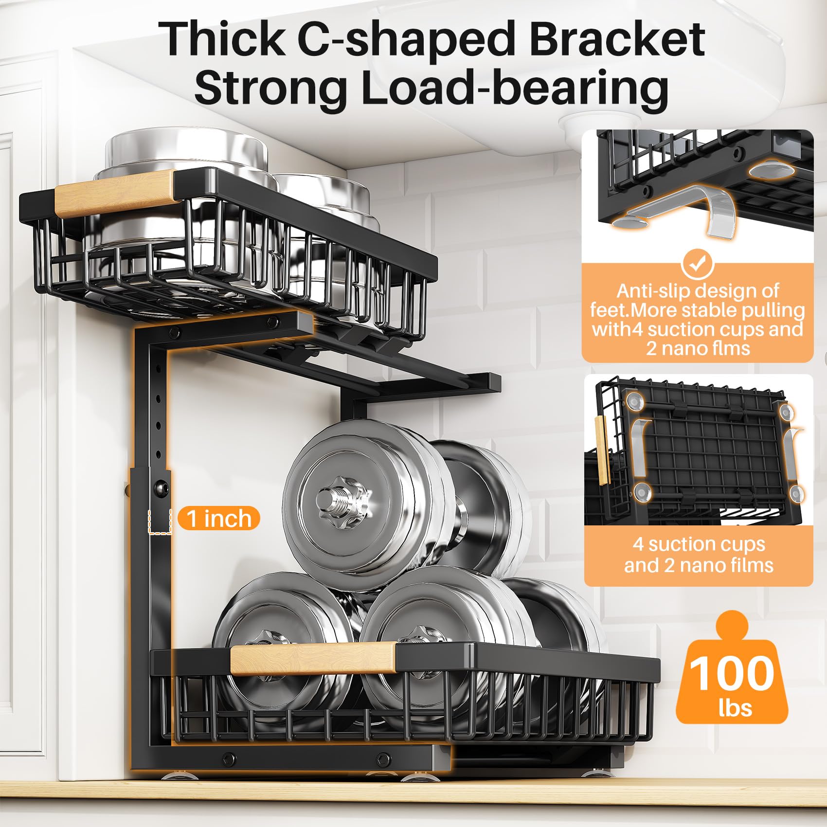 PXRACK Under Sink Organizer, Adjustable Height, 2 Tier Pull Out Under Cabinet Organizer, Slide Out Thickened Metal Under Sink Storage for Kitchen Bathroom Laundry Pantry Cabinet, Black, Large-1-Pack