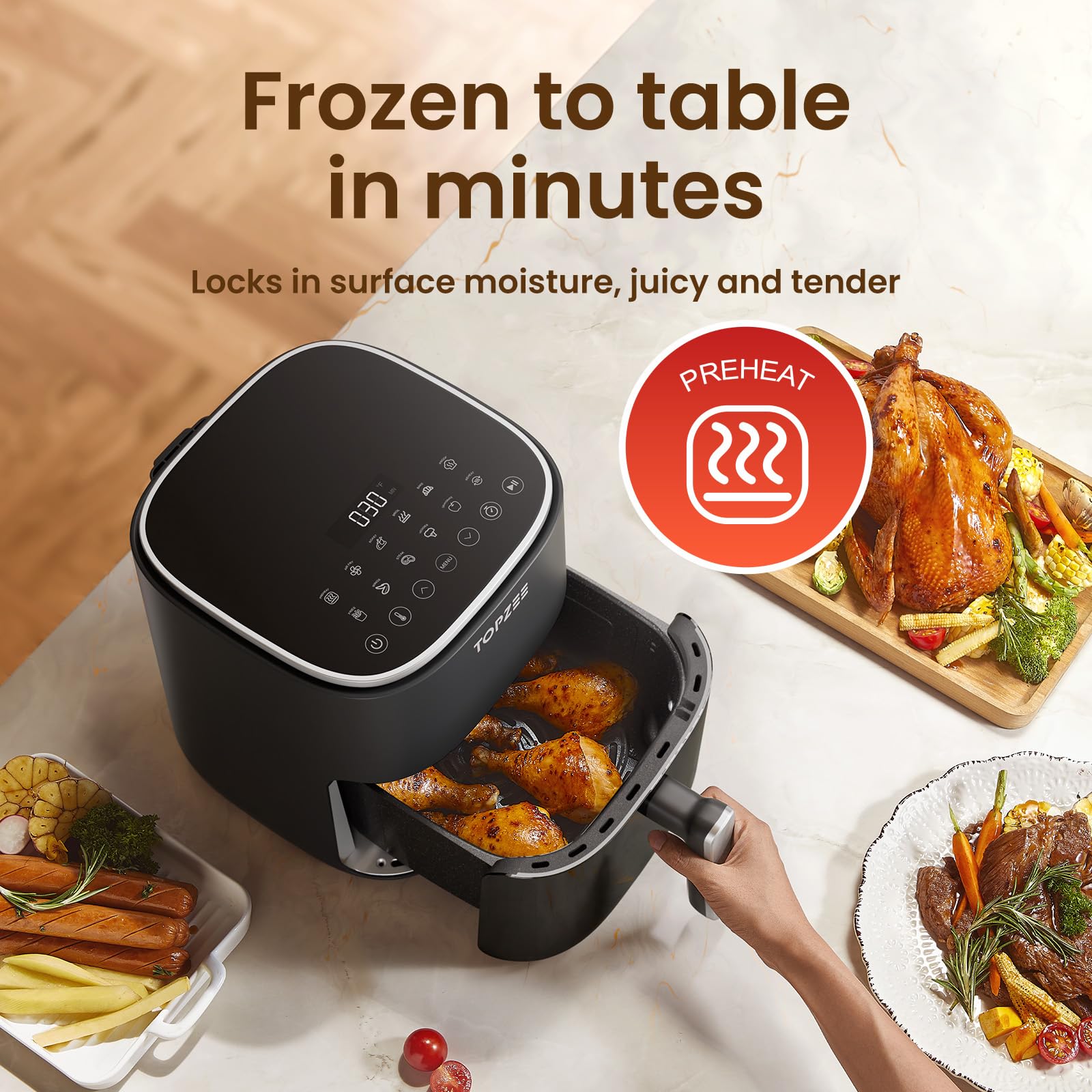 TOPZEE Air Fryer 12-in-1 with 5.5 QT Large Capacity, Compact Air Fryer, 100-400℉ Precise Heat, 360°Hot Air Circulation, 95% Less Oil, Bake, Dry, Reheat, Frozen, Broil, Proof, Black