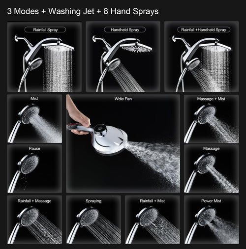 12" High Pressue Rain Shower Head with Handheld, 9 Sprays Hand Showerhead