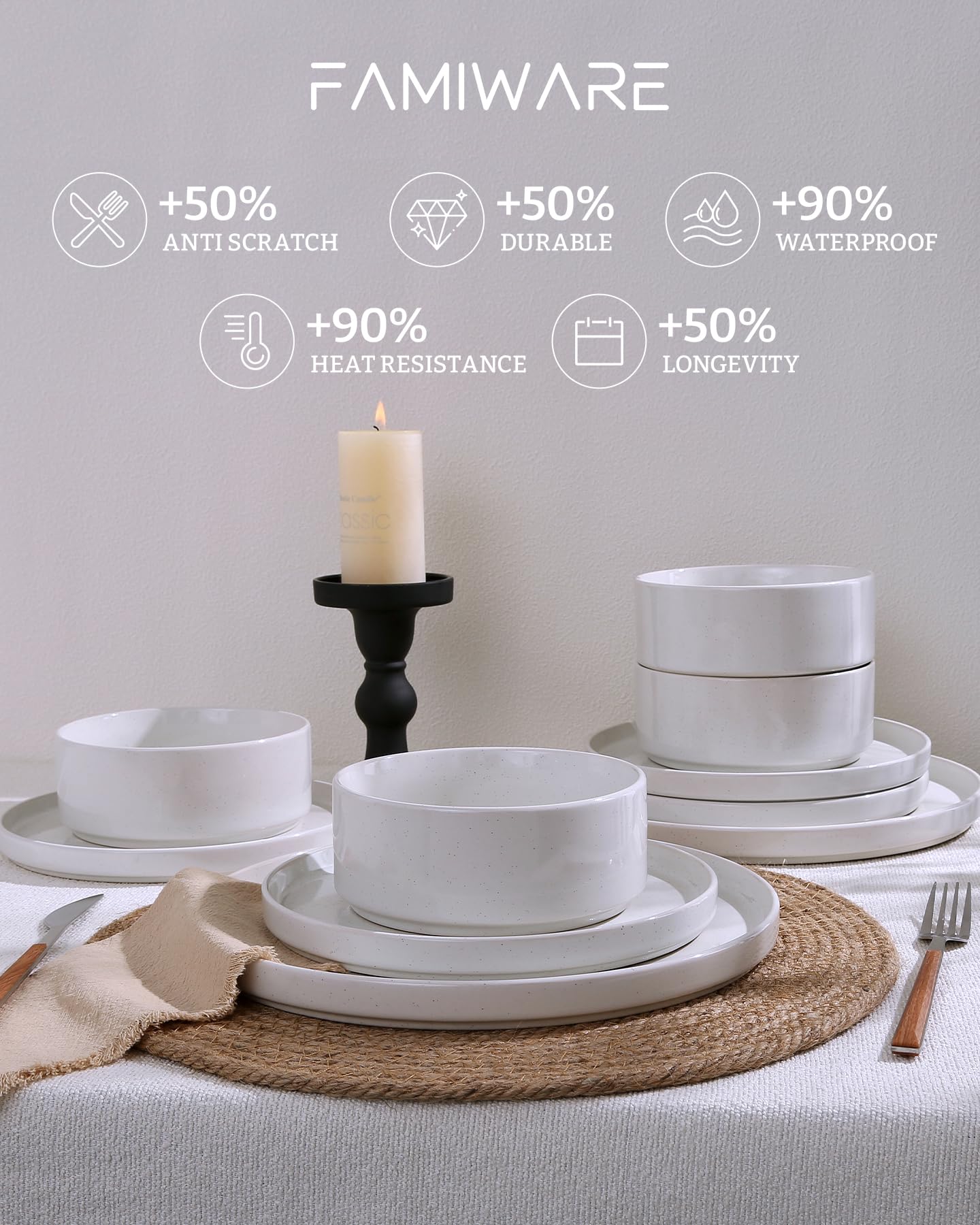 Famiware Nebula Plates and Bowls, 24-Piece Dinnerware Set, White