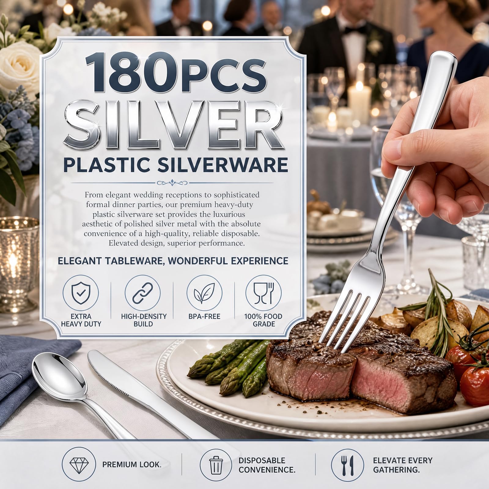 WDF 180 Pieces Silver Plastic Silverware - Silver Plastic Cutlery - Fancy Plastic Silverware Heavy Duty - 60 Forks 60 Knives 60 Spoons - Disposable Plastic Utensils Perfect for Party Wedding