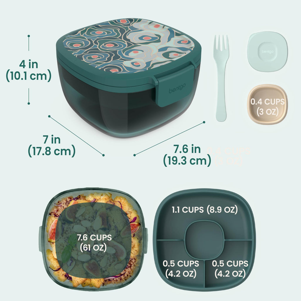 Bentgo Glass Prints Salad Container - 7.6-Cup Tinted Glass Salad Bowl with Airtight Lid, Leak-Proof Sauce Container, 4-Compartment Bento Meal Prep Tray & Reusable Fork (Floral Maximalist - Sea)