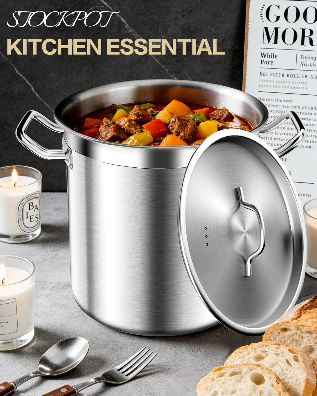 STOCKPOT 75 Quart Commercial Stock Pot with Lid – Restaurant-Grade Stainless Steel Soup Pot, Triple-Layer Even Heat Base, Steam Vent Lid, Induction Ready – Lobster Boils, Catering, Bulk Cooking