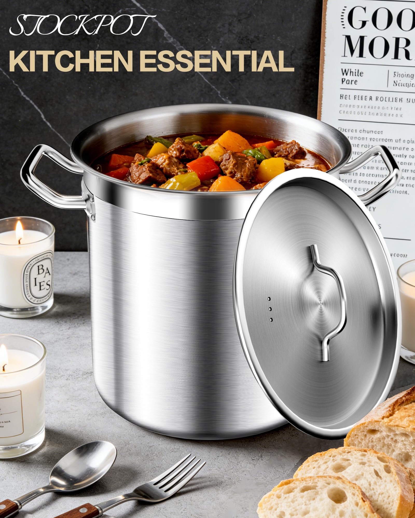 STOCKPOT 75 Quart Commercial Stock Pot with Lid – Restaurant-Grade Stainless Steel Soup Pot, Triple-Layer Even Heat Base, Steam Vent Lid, Induction Ready – Lobster Boils, Catering, Bulk Cooking