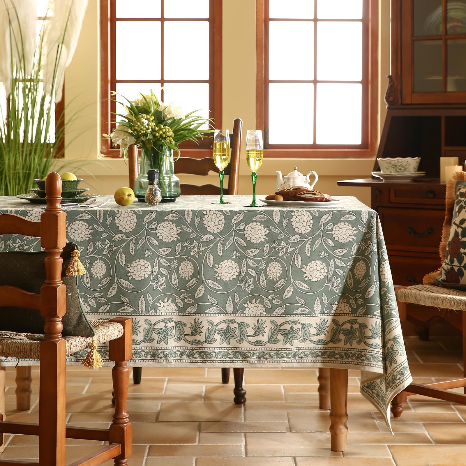 ISAENNE Designer Linen Green Square Tablecloth,67"x67"-Andrew A
