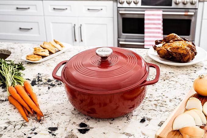 Lodge 6 Quart Enameled Cast Iron Dutch Oven with Lid – Dual Handles – Oven Safe up to 500° F or on Stovetop - Use to Marinate, Cook, Bake, Refrigerate and Serve – Cranberry