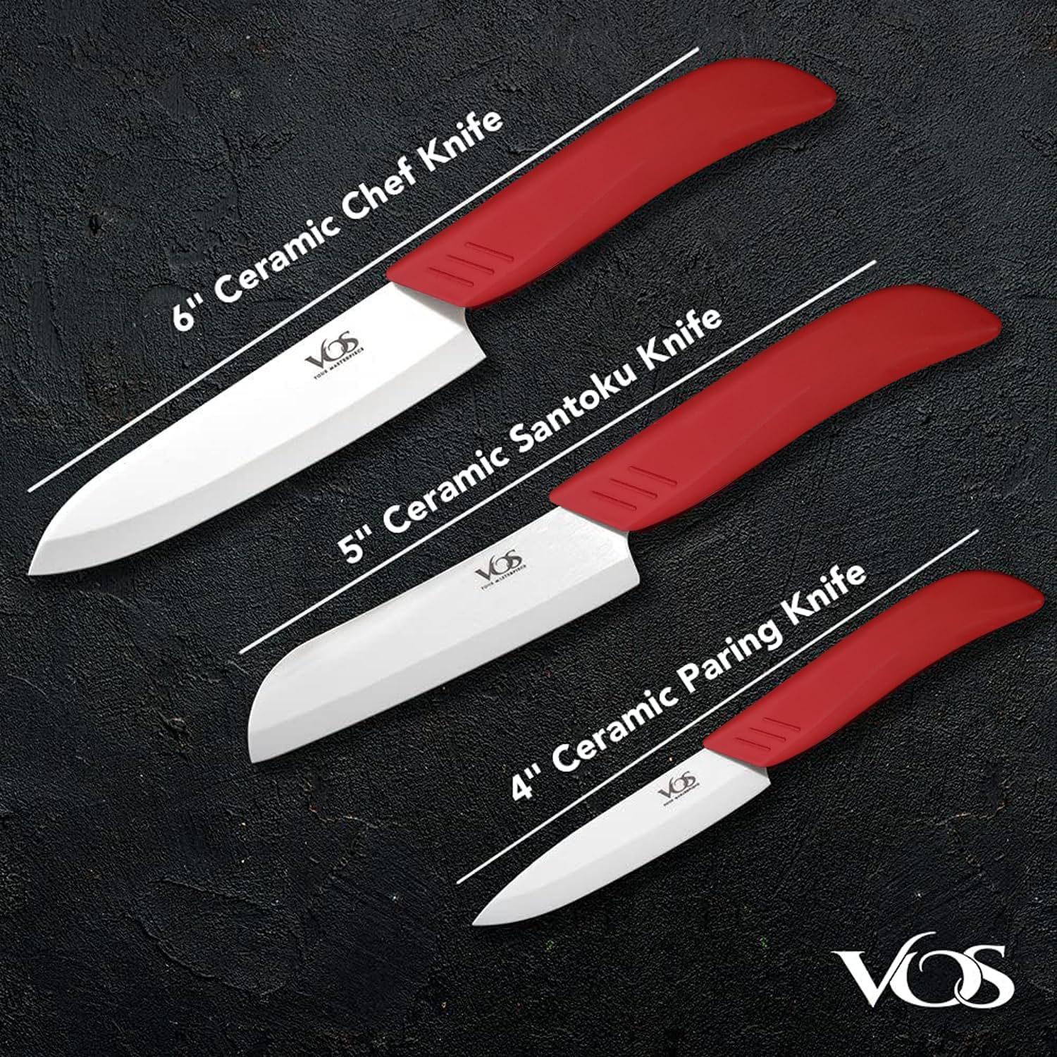 Vos Ceramic Knife Set in Elegant Gift Box, Ceramic Knives Set For Kitchen, Ultra Sharp Kitchen Knife Set with Covers, 4" 5" 6" Paring, Santoku & Chef Knife, Lightweight, Dishwasher safe (Red Handle)