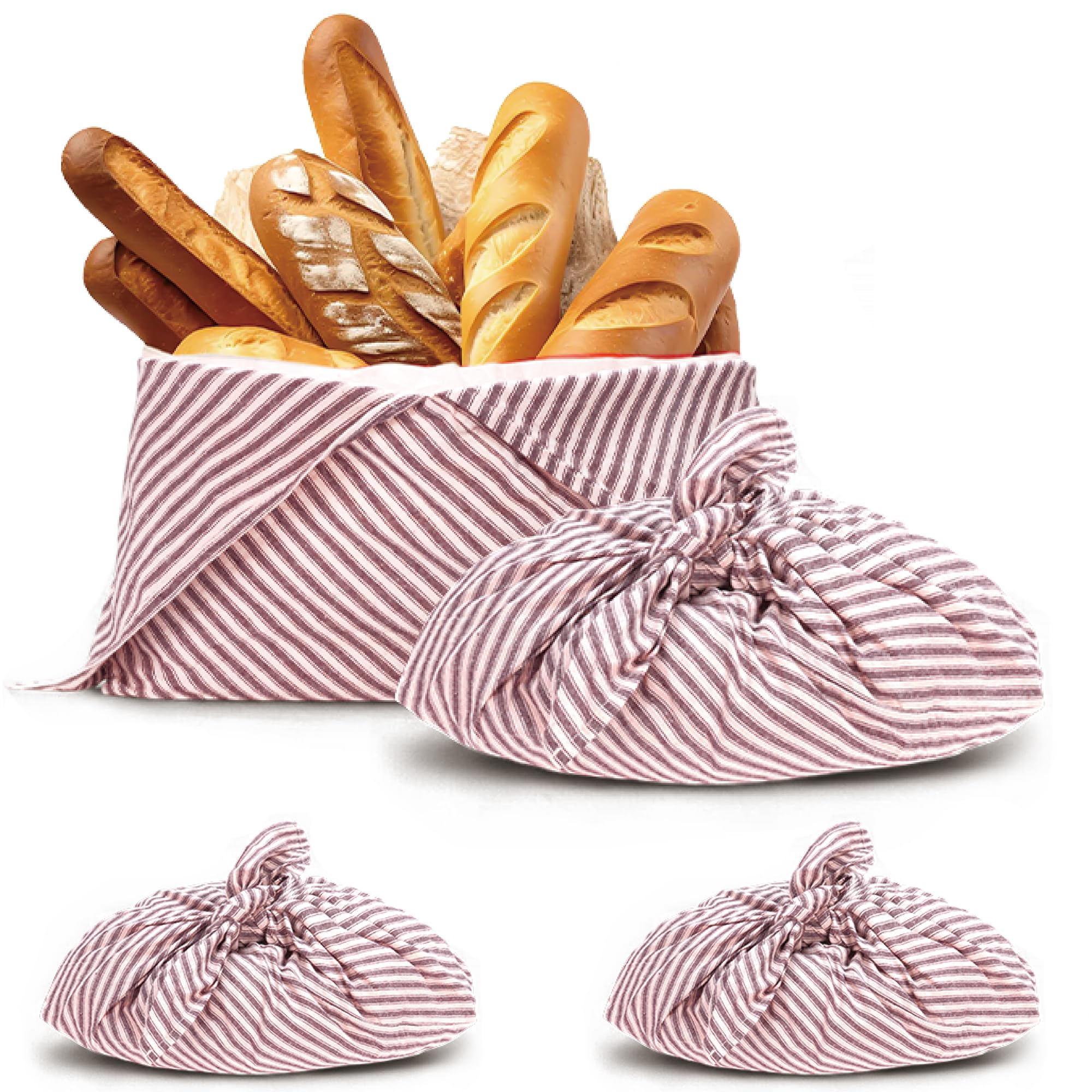 yeload 2 Pack Beeswax Bread Bags, Striped Linen Bento Bags, 14" Cotton Loaf Bag, Reusable Organic Food Storage, Sourdough Bag, Rustic Farmhouse Azuma Bukuro Origami Wrap for Baked Gifts (Red, 2)