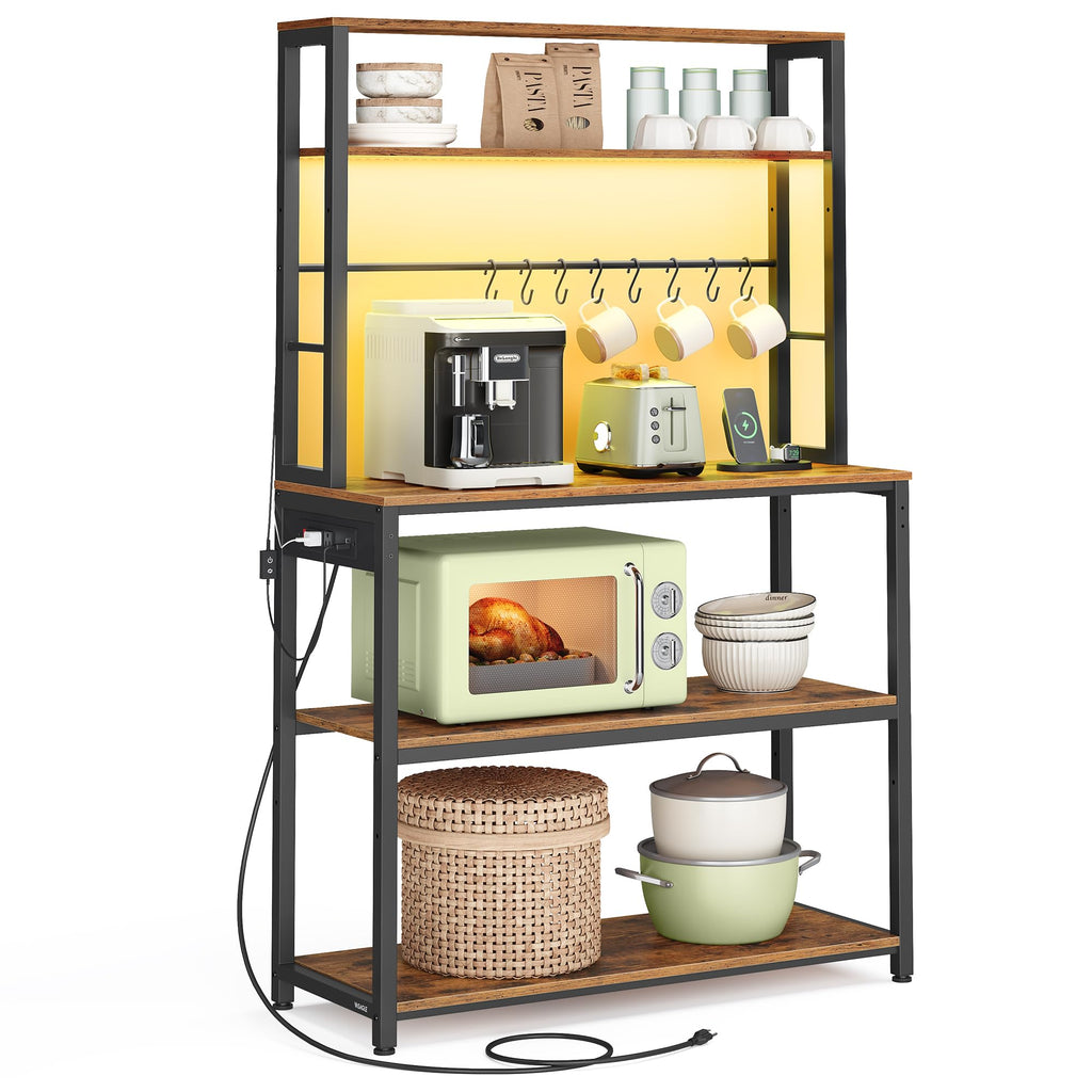 VASAGLE Coffee Bar with LED Lights, Kitchen Bakers Rack with Power Outlet, Microwave Stand with Adjustable Shelves, 8 Hooks, 15.7 x 31.5 x 65.7 Inches, Rustic Brown and Matte Black UKKS050K01