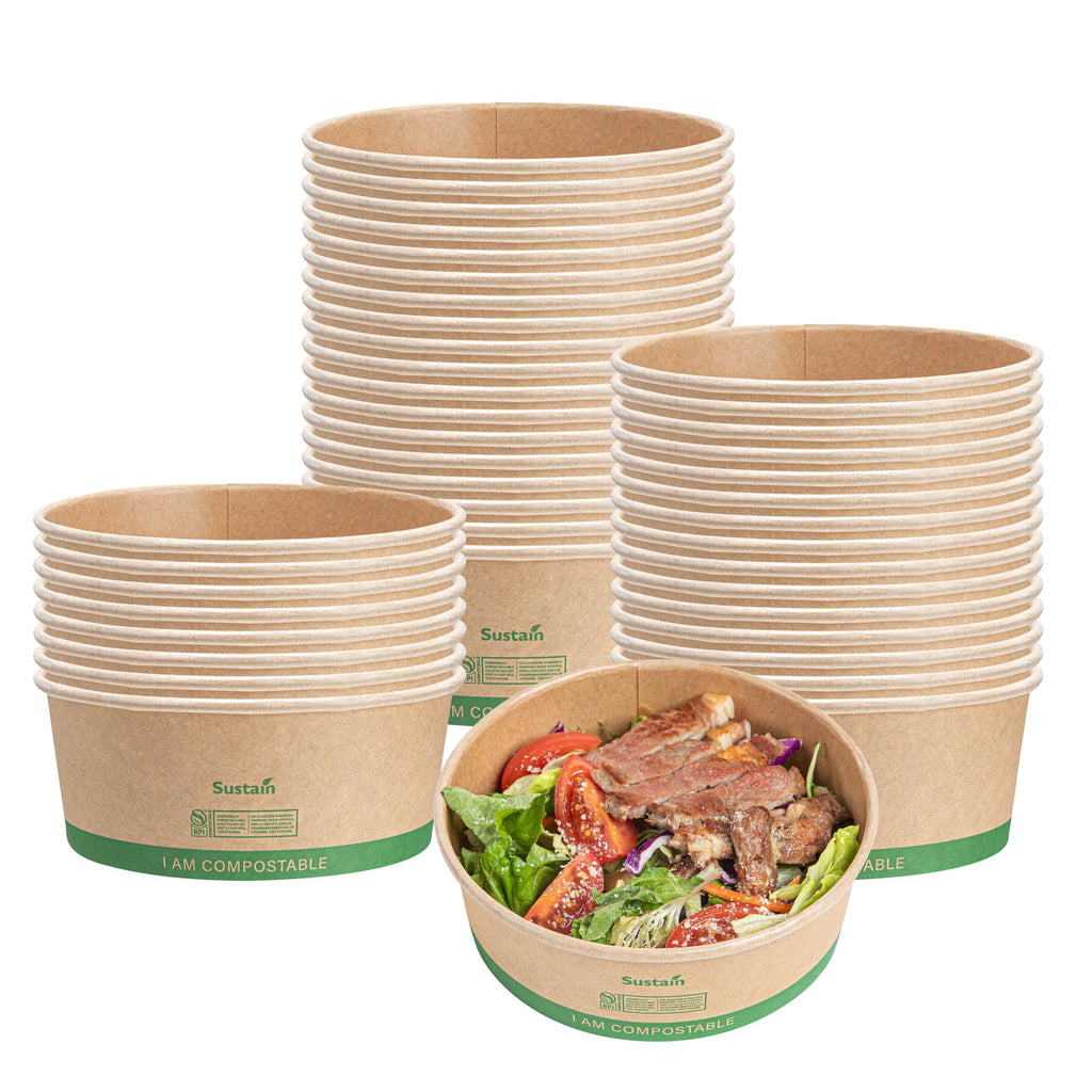 Restaurantware Paper Food Containers 200 Pack Of 17 oz Disposable Round Kraft Salad Bowls BPI-Certified Compostable Stackable Greaseproof Meal Prep Take Out Containers For Soups, Snacks And Desserts