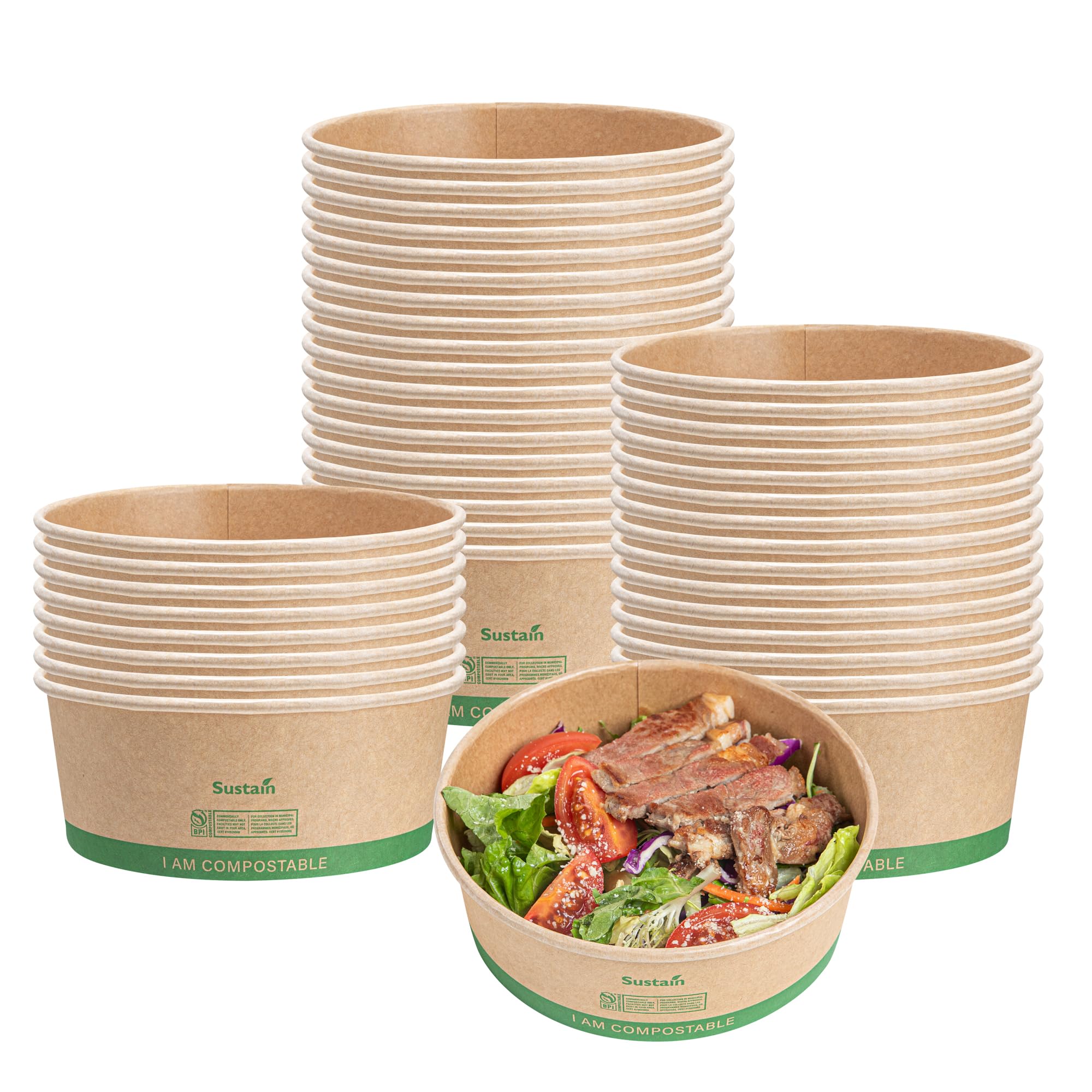 Restaurantware Paper Food Containers 200 Pack Of 17 oz Disposable Round Kraft Salad Bowls BPI-Certified Compostable Stackable Greaseproof Meal Prep Take Out Containers For Soups, Snacks And Desserts