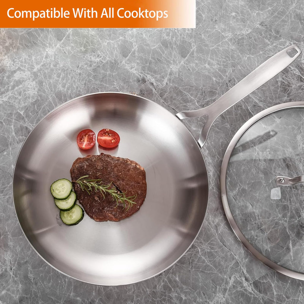 DELARLO Tri-Ply Stainless Steel Frying Pan 12" With Lid Kitchen Skillet