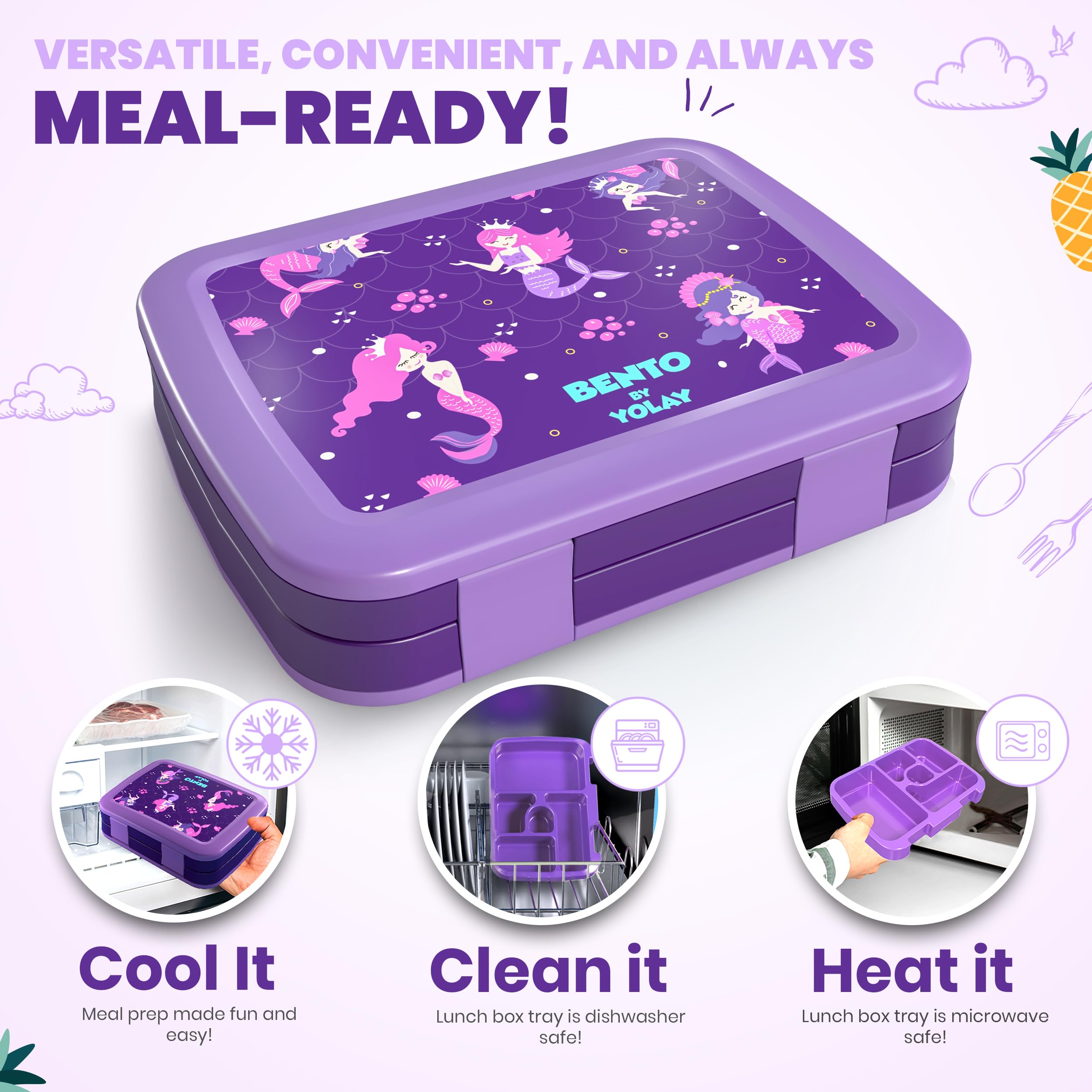 YOLAY Bento Box for Kids, 5-Compartment, Mermaid