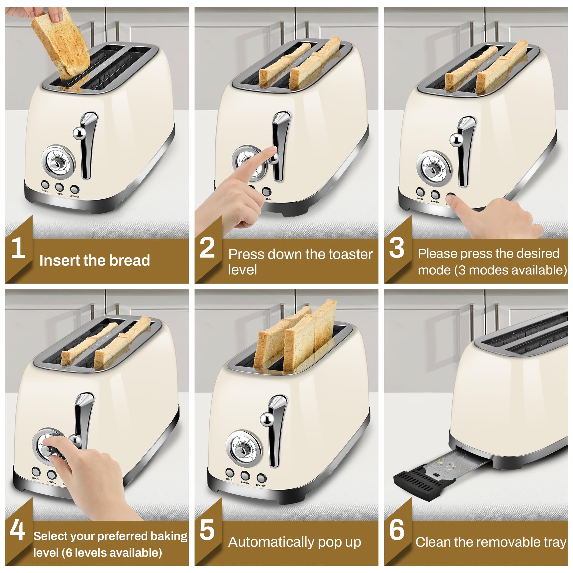 SUSTEAS Toaster 4 Slice Wide Slot, Stainless Steel Bread Bagel Toasters, Retro Long Slot Tostadora for Defrost, Reheat, Removable Crumb Tray, 1500W, 6 Browning Settings, Beige