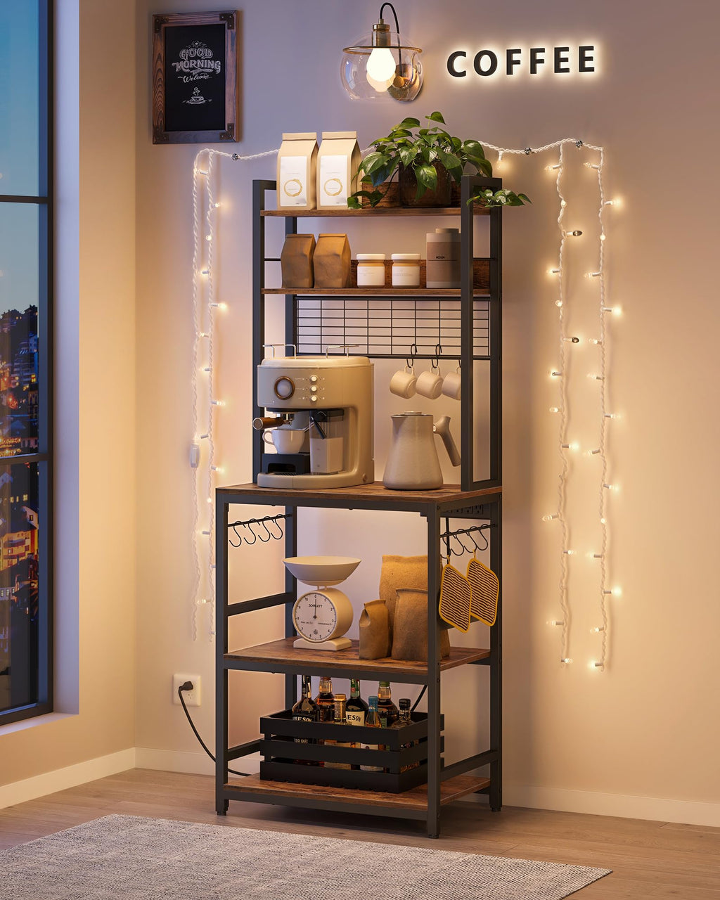 VASAGLE Bakers Rack with Power Outlet, Microwave Stand, Kitchen Tall Utility Storage Shelf, with Metal Wire Panel, 14 Hooks, 15.7 x 23.6 x 66.9 Inches, Rustic Brown and Ink Black UKKS037B01