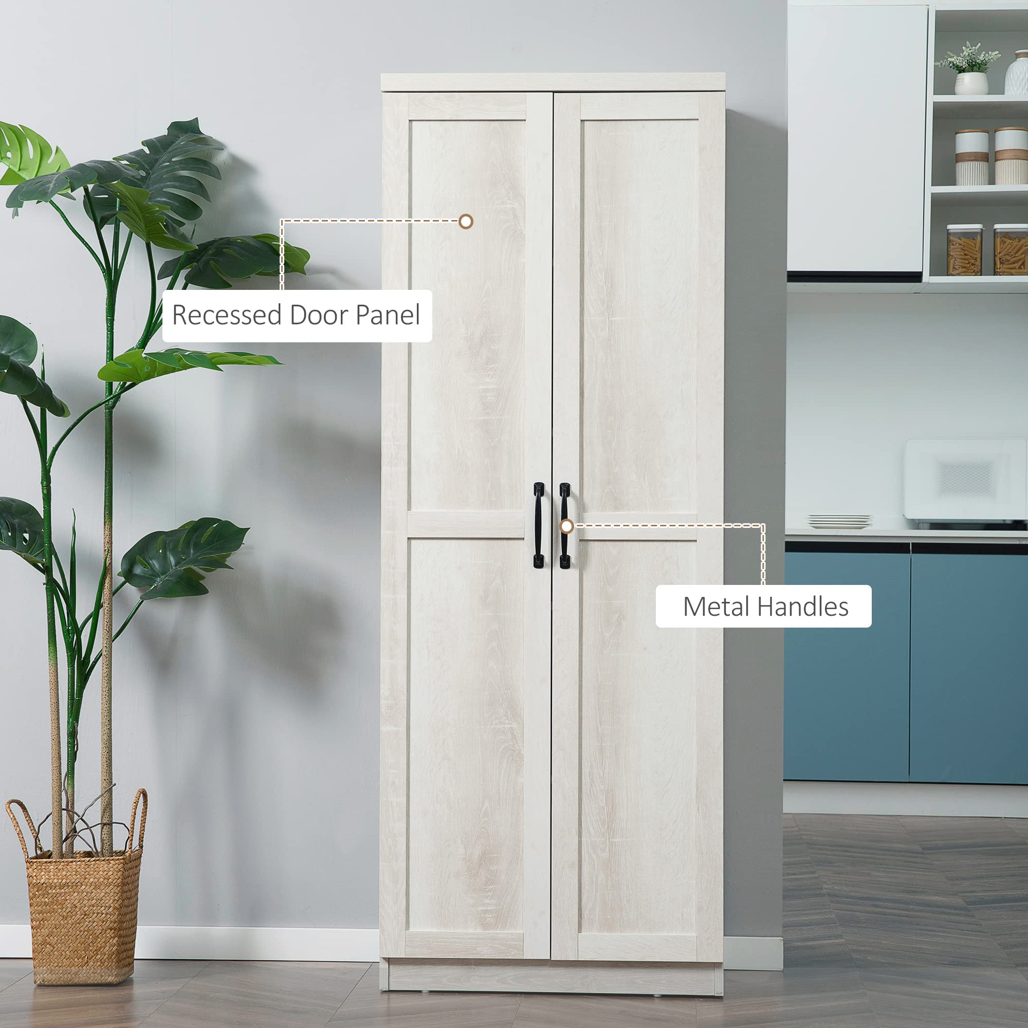 HOMCOM 63" 2-Door Kitchen Pantry 5-Tier Antique White