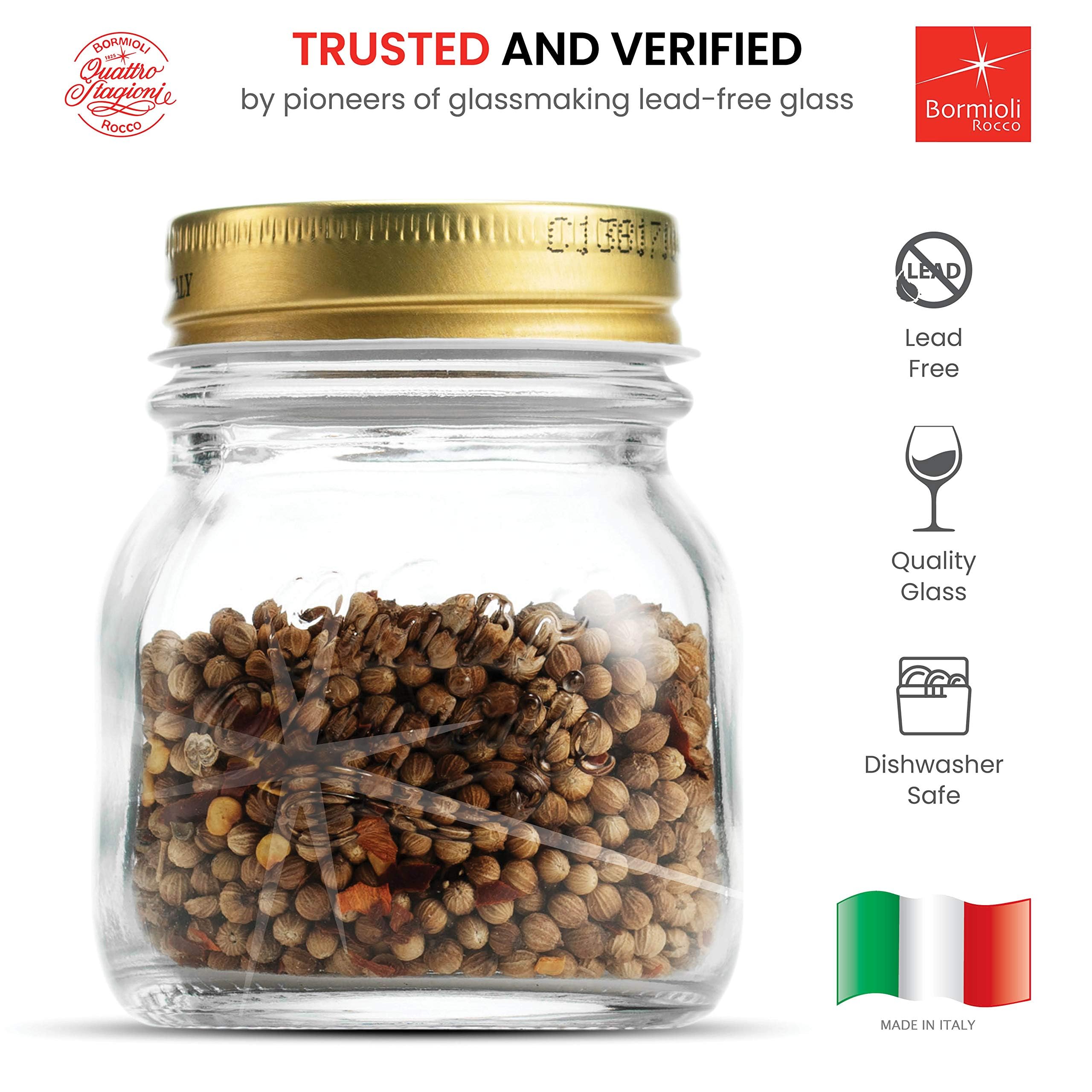 Bormioli Rocco Quattro Stagioni Small Glass Mason Jars 5 Ounce Mini Jars (6-Pack) with Metal Airtight Lid, For Jam, Jelly, baby food, Crafts, Spices, Dry Food Storage, Wedding favors, Decorating Jar