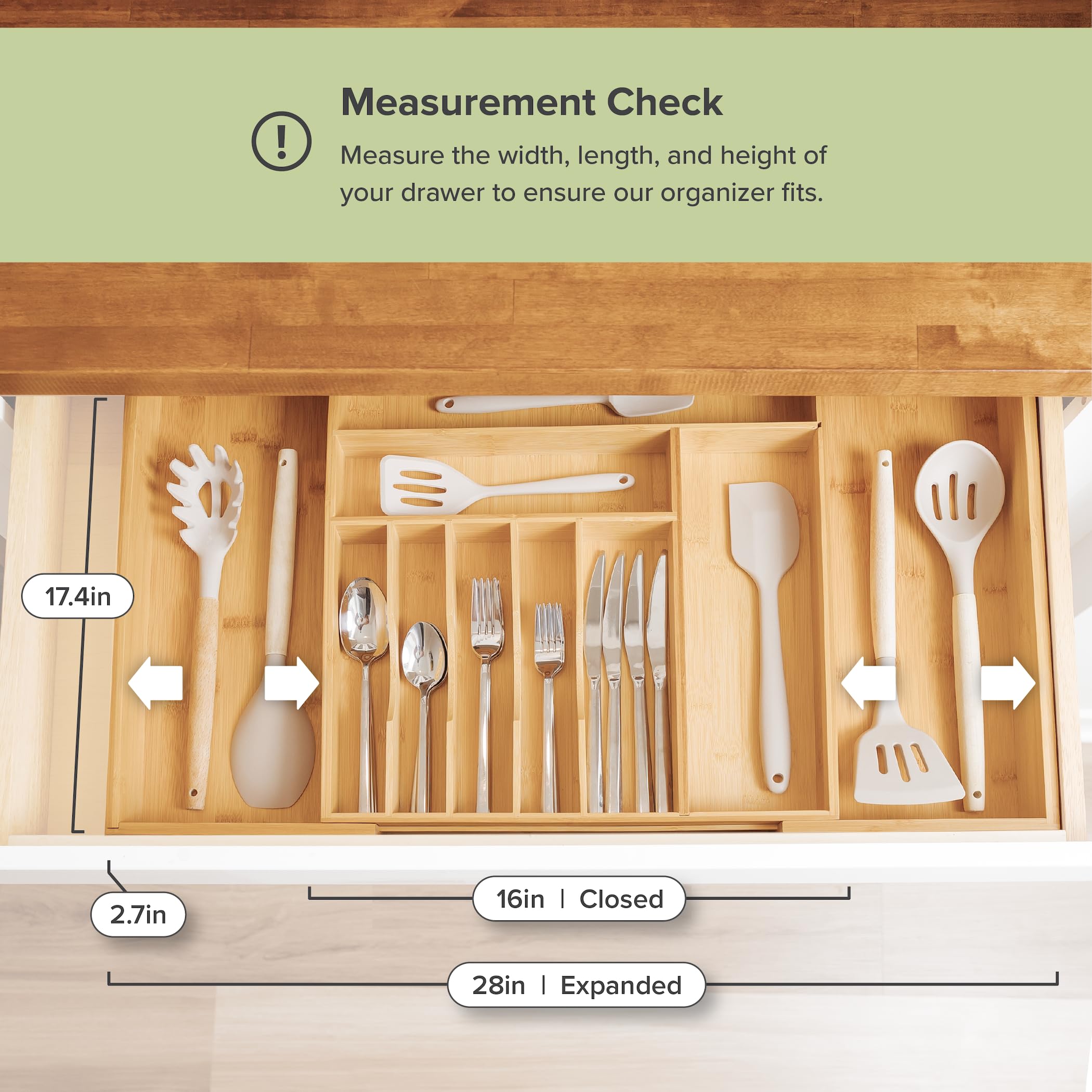 KitchenEdge Silverware & Utensil Drawer Organizer, 16-28 in, Bamboo