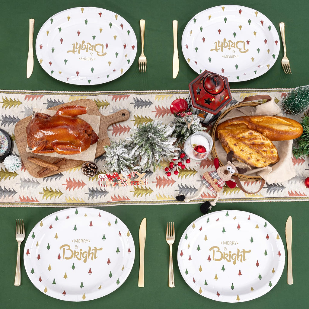 WDF 100 Pack Christmas Paper Plates - 10" x 12"Disposable Christmas Plates Disposable with Christmas Trees-Large Oval Paper Plates Heavy Duty- Party Plates for Christmas