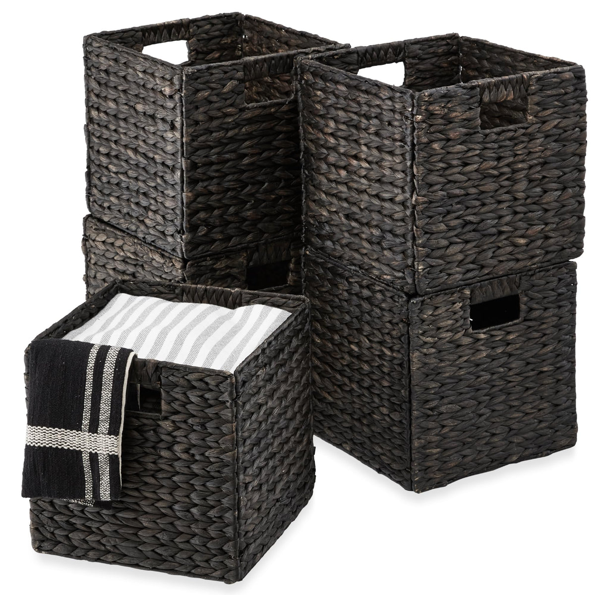 Best Choice Products 10.5x10.5in Pack of 5 Cube Storage Baskets, Water Hyacinth Multipurpose Collapsible Organizers, Handwoven Laundry Totes for Laundry, Living Room, Kids Room & Nursery - Whitewash