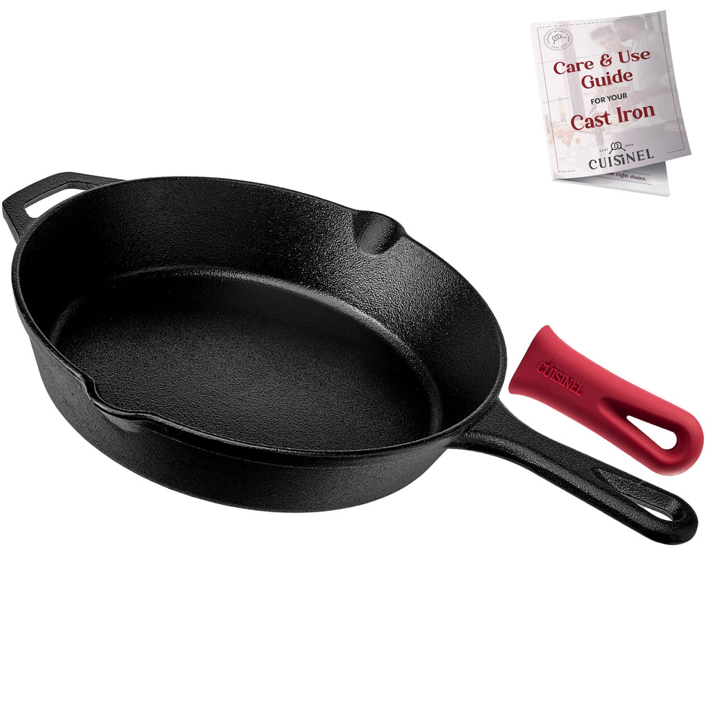 Cuisinel Cast Iron Skillet Set - 8" + 10" + 12"-Inch Pre-Seasoned Frying Pans + Silicone Handle Grip Covers - Indoor/Outdoor, Oven, Grill, Stove, BBQ, Fire, Induction Safe Kitchen and Camping Cookware