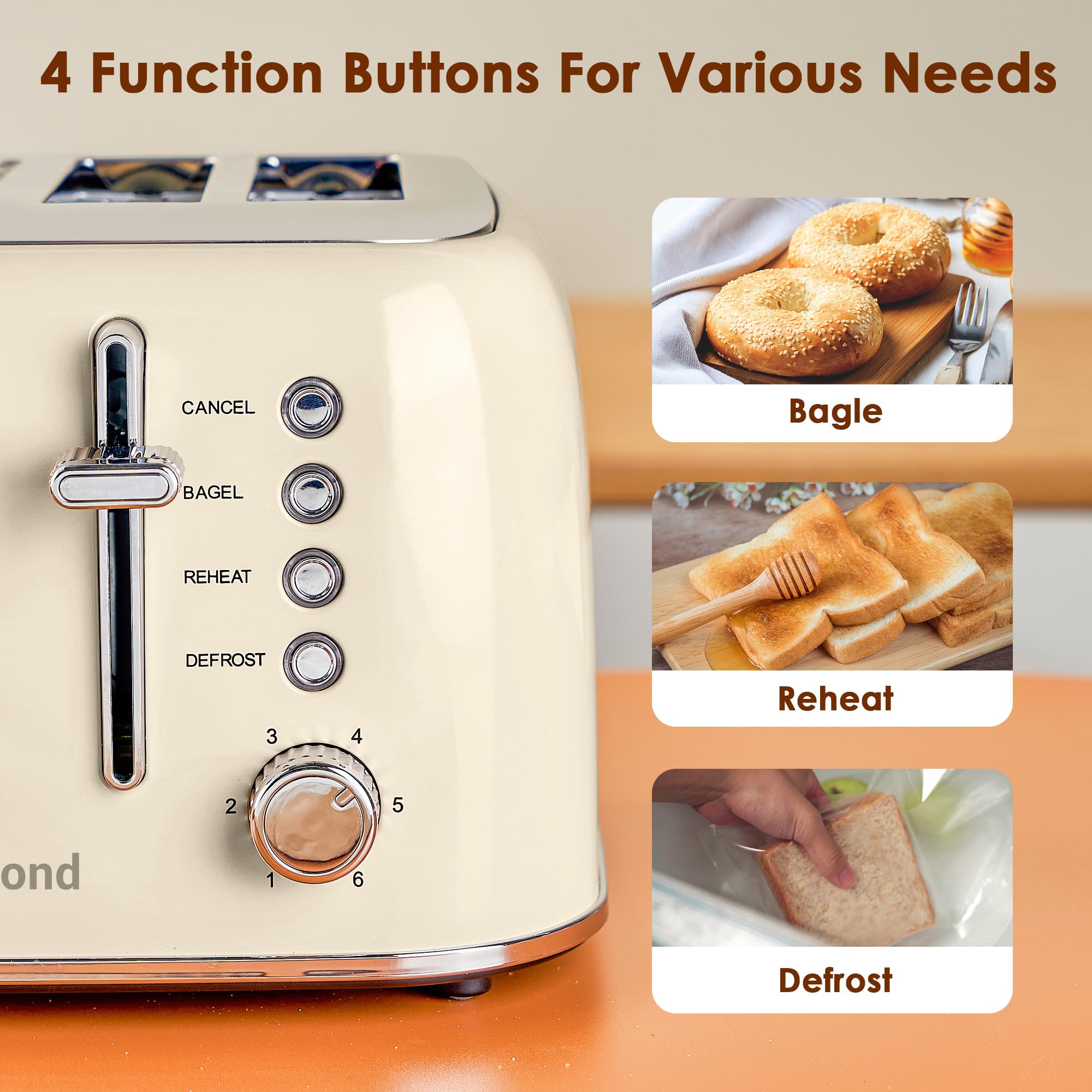 Roter Mond Toaster 4 Slice Retro Stainless Steel with Extra Wide Slots Bagel, Defrost, Reheat Function, Dual Independent Control Panel, Removable Crumb Tray, 6 Browning Levels, Cream White
